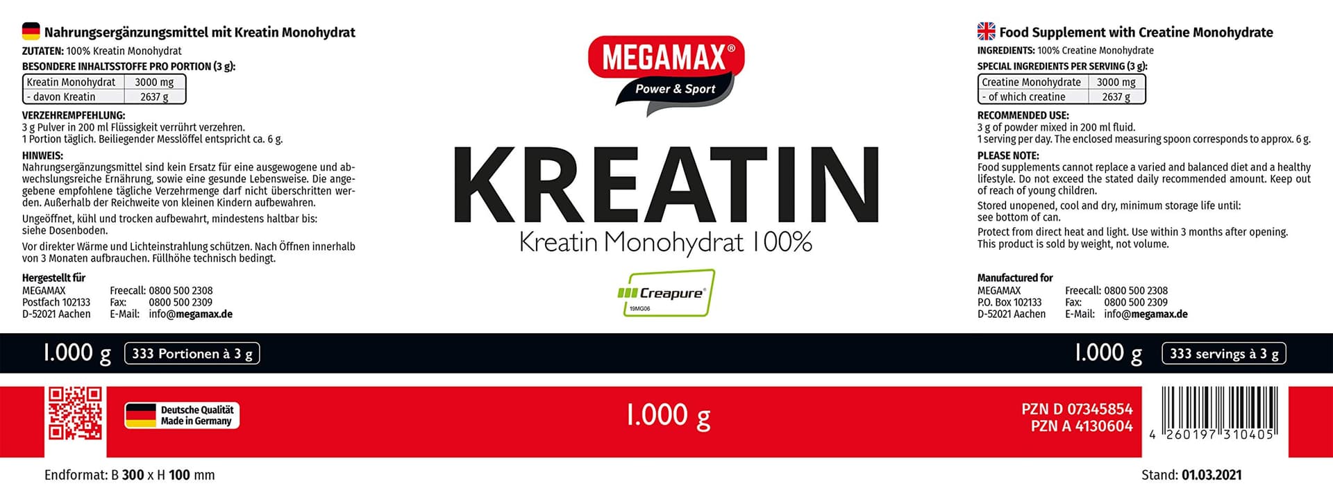 MEGAMAX Nutrition MEGAMAX Kreatin Pulver 1 kg – Bild 6