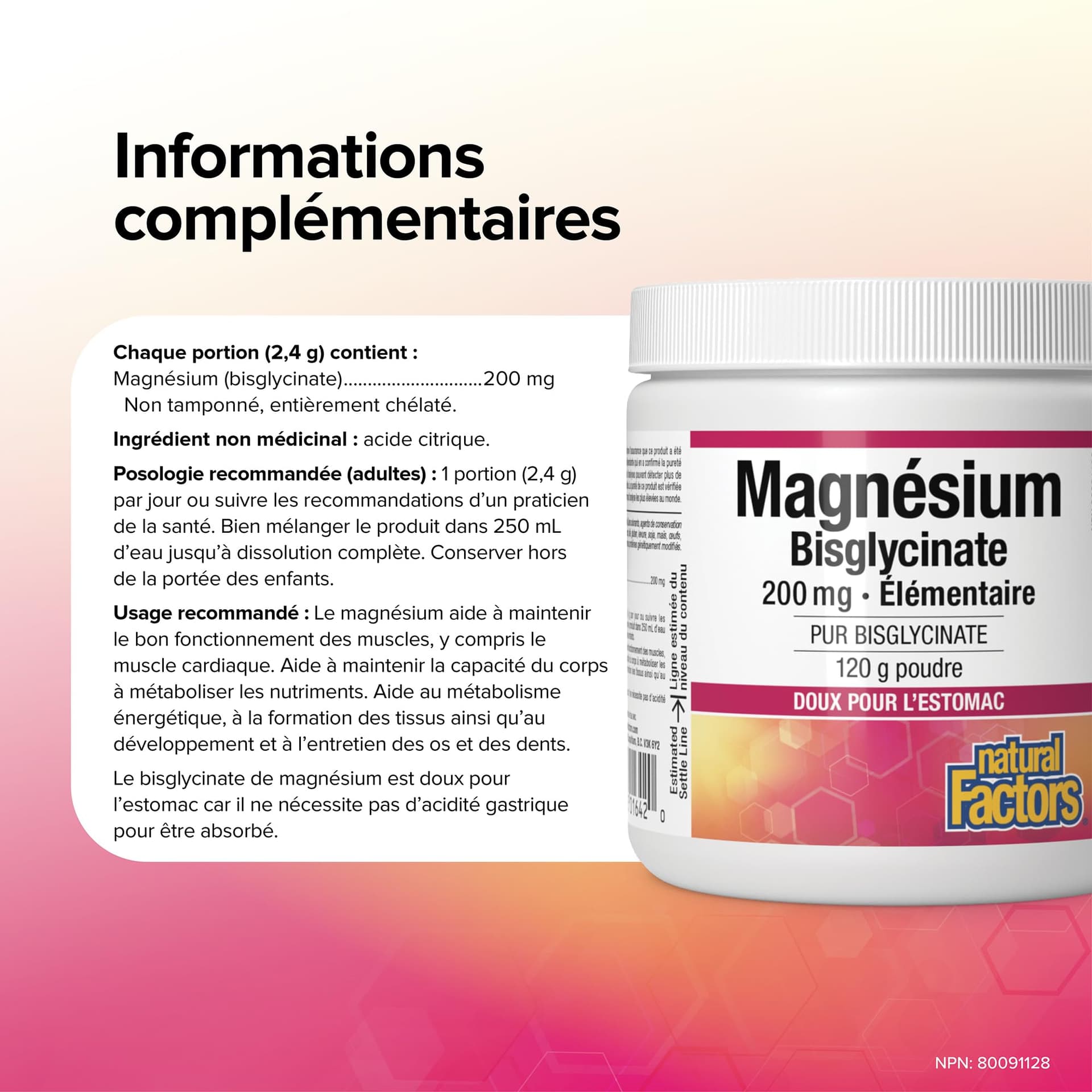 Natural Factors Magnesium Bisglycinate 200 mg Powder, 120 g – Bild 7