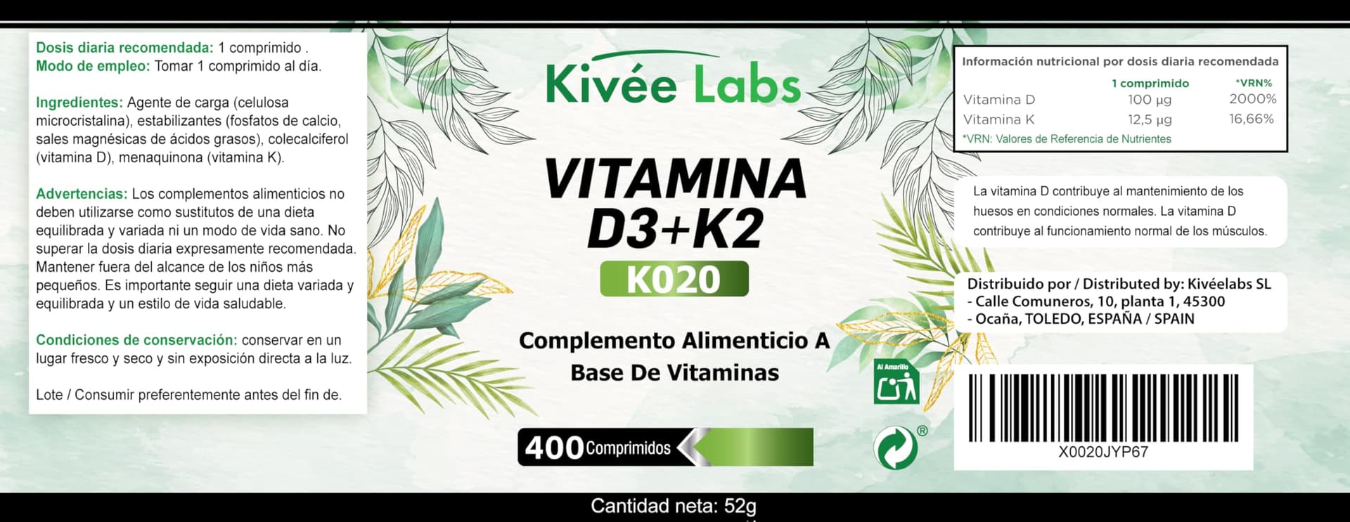 KivéeLabs 400 Micro Comprimidos Vitamina D3 y K2 4000 UI Dosis Alta – Bild 3