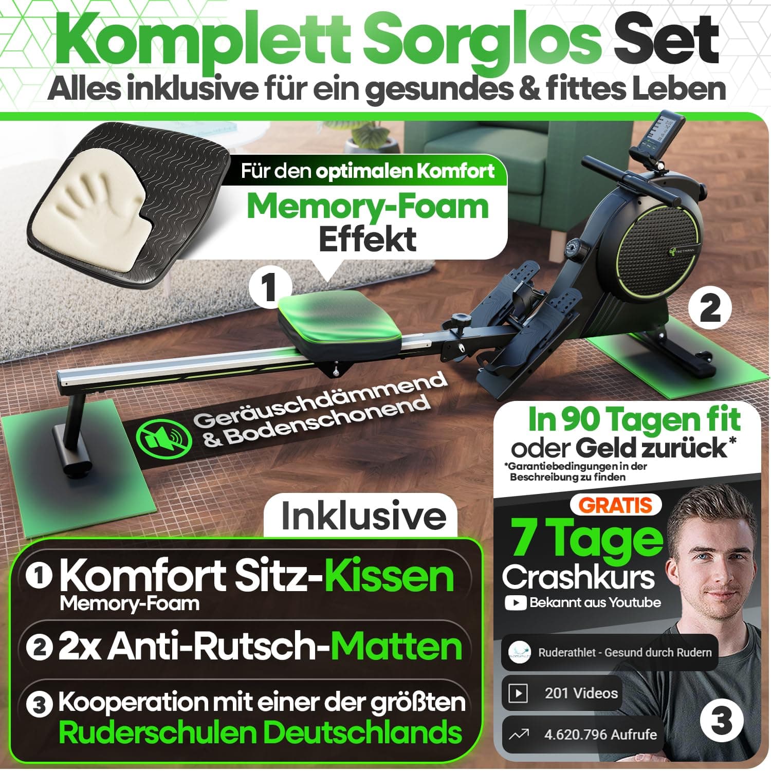 TRETMANN NEU Tretmann Rudergerät für Zuhause Set - extra leise- [Wirbelstrombremse2.0] bis 150KG – Bild 2