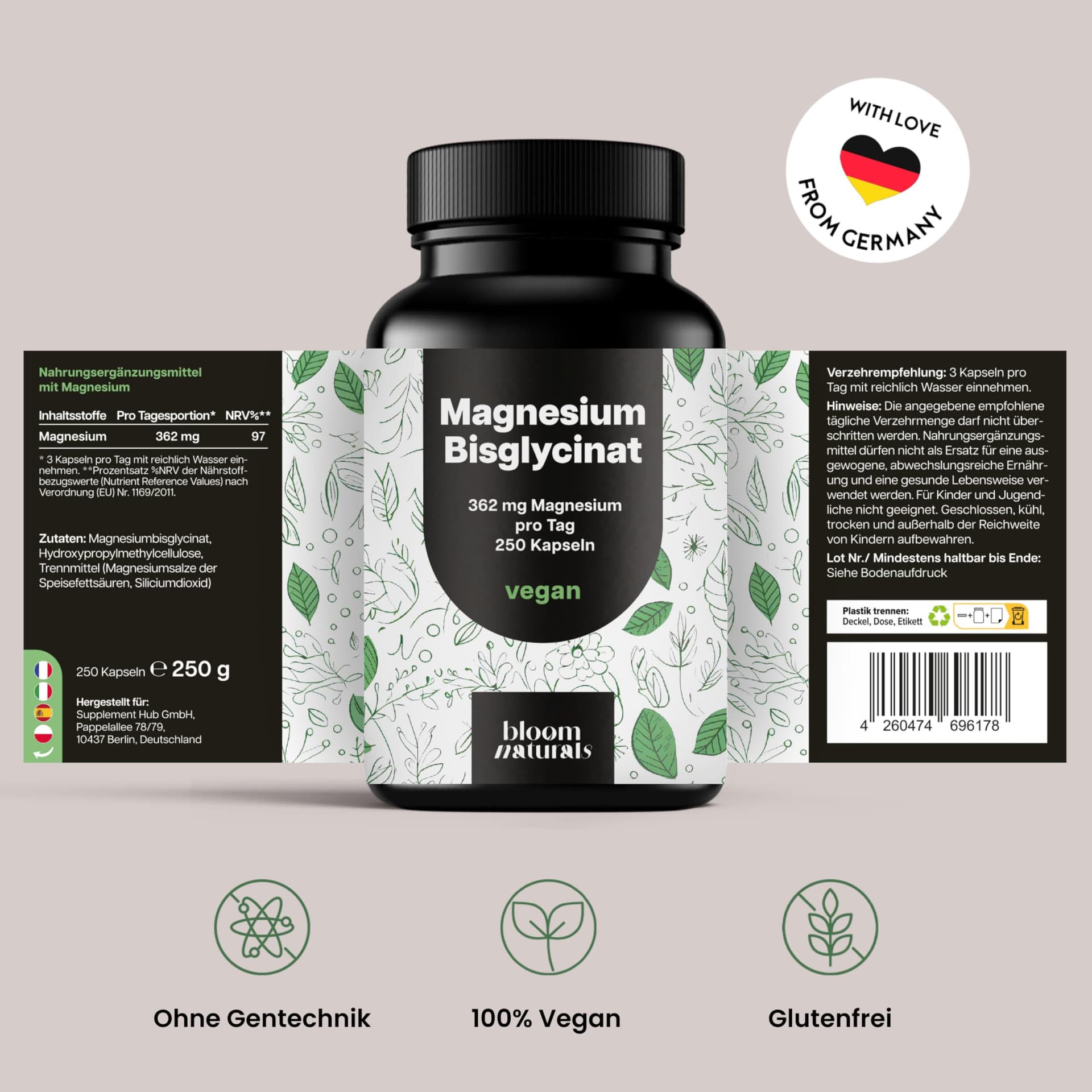 Bloom Naturals Beauty Supplements Magnesium Bisglycinat Hochdosiert - 250 Kapseln – Bild 6