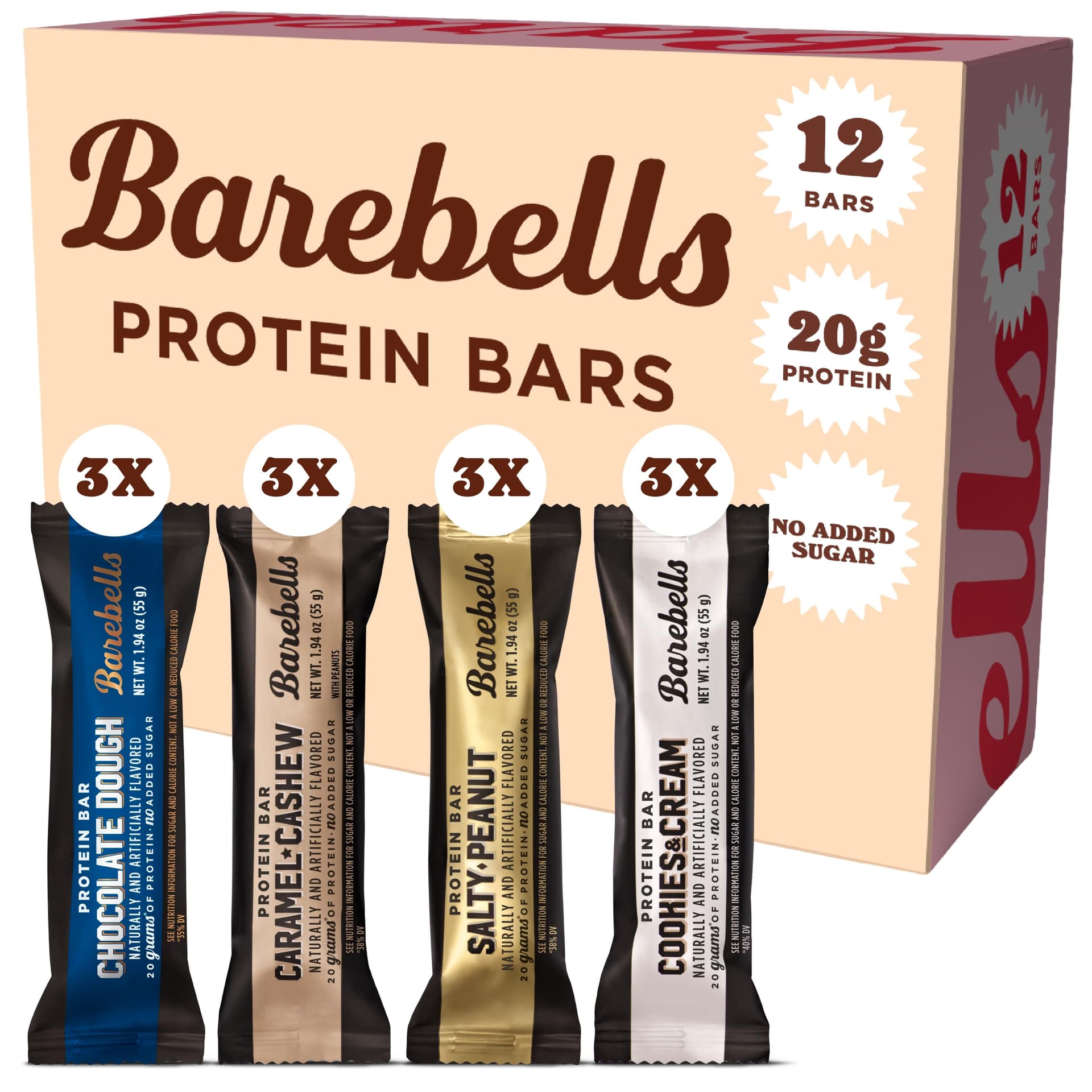 BAREBELLS Protein Bars Variety Pack - 12 Count, 1.9oz