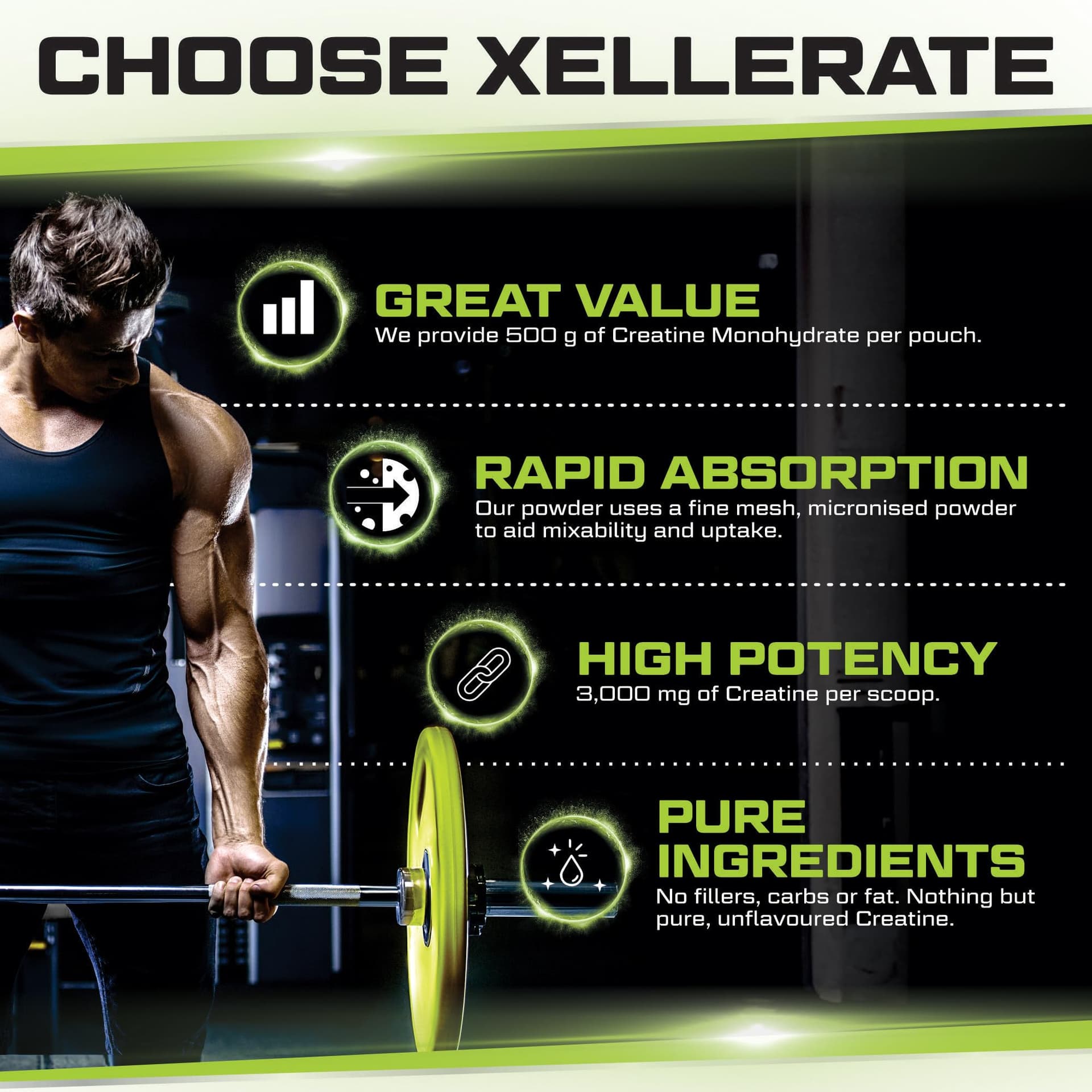 Xellerate NUTRITION Creatine Monohydrate Powder Micronised 500g – Bild 3