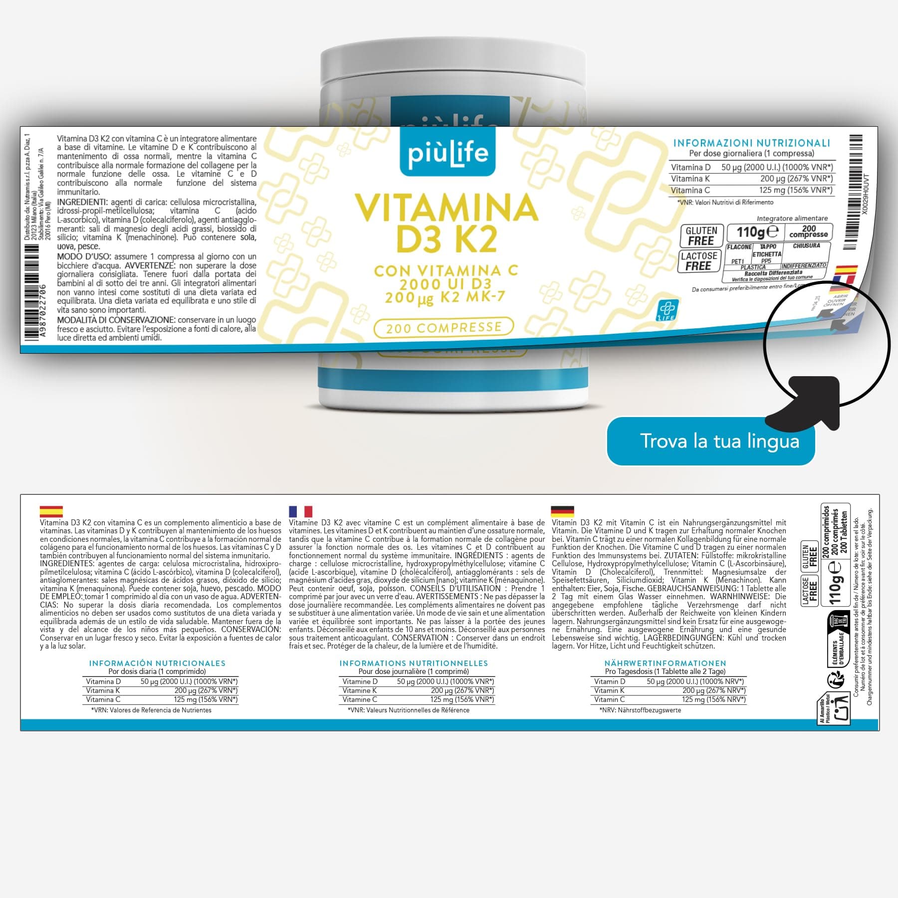 +LIFE Vitamina D3 K2 Mk7 Con Vitamina C PiùLife – 200 Compresse – Bild 6