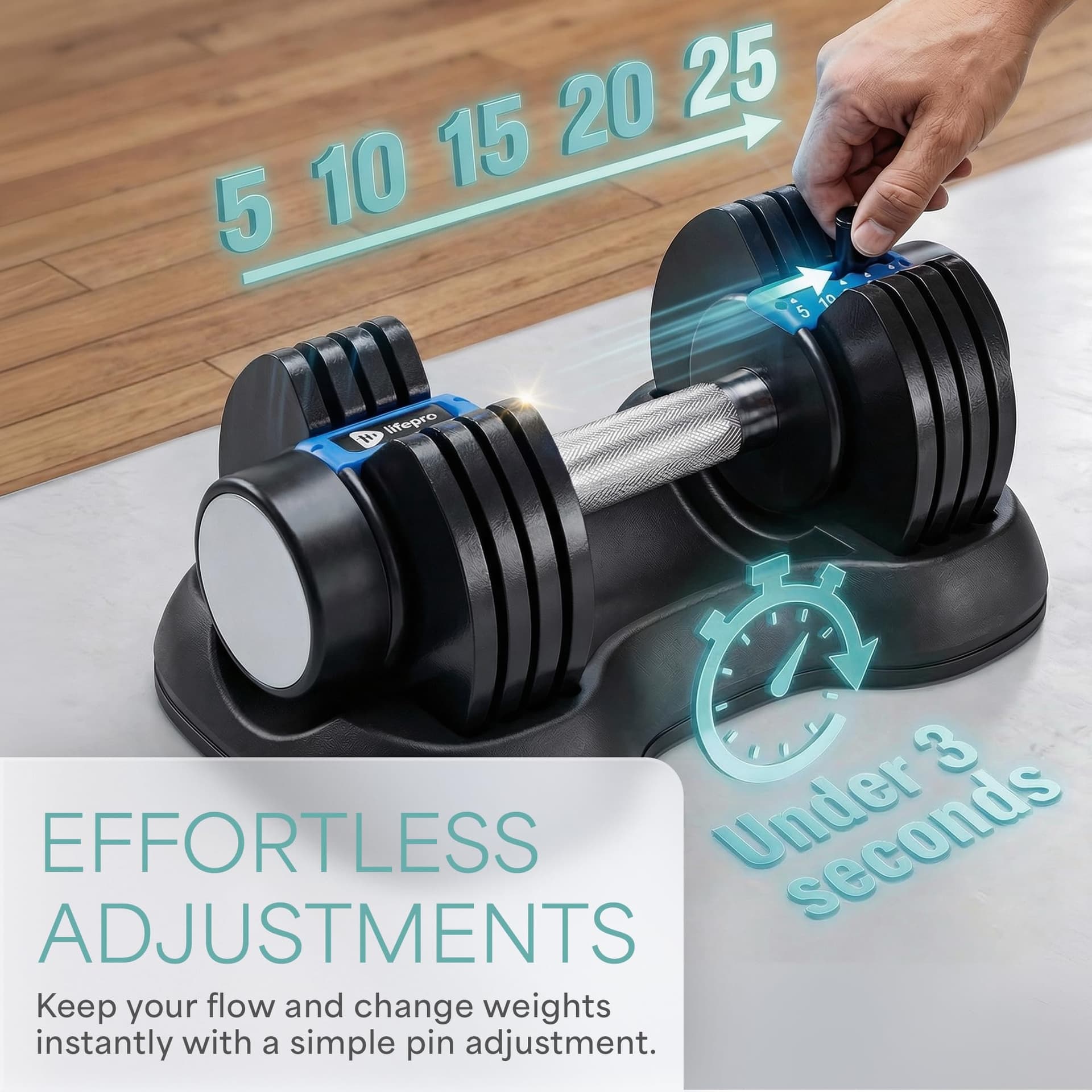 Lifepro Powerflow Plus Adjustable Dumbbell Set of 2 with Rack – 5 to 25 lb – Bild 3