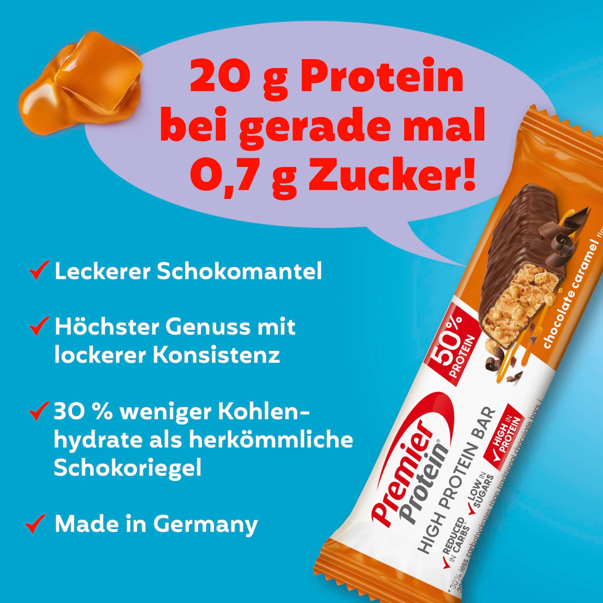 Premier Protein - High Protein Bar 50% - Chocolate Caramel - 16x40g – Bild 3