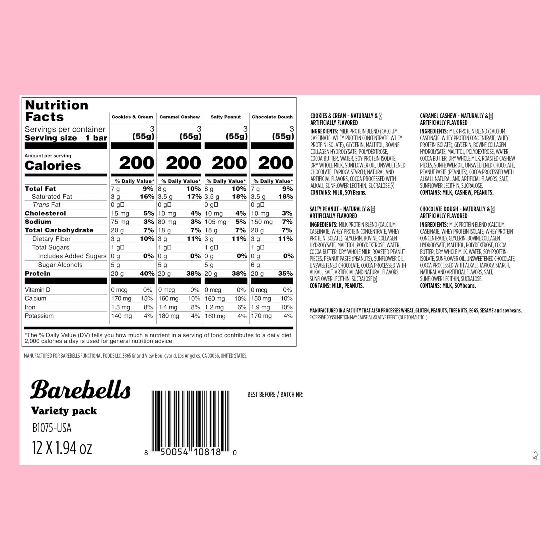 BAREBELLS Protein Bars Variety Pack - 12 Count, 1.9oz – Bild 2