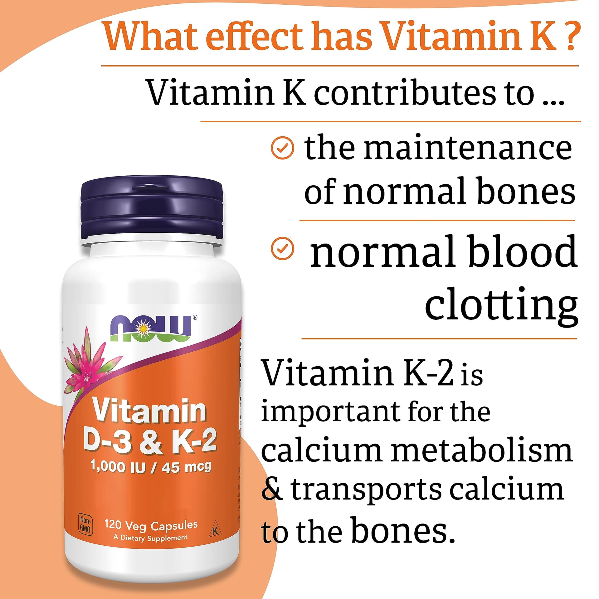 NOW Foods, Vitamin D3 & K2, 1,000IU, 120 Capsules – Bild 5
