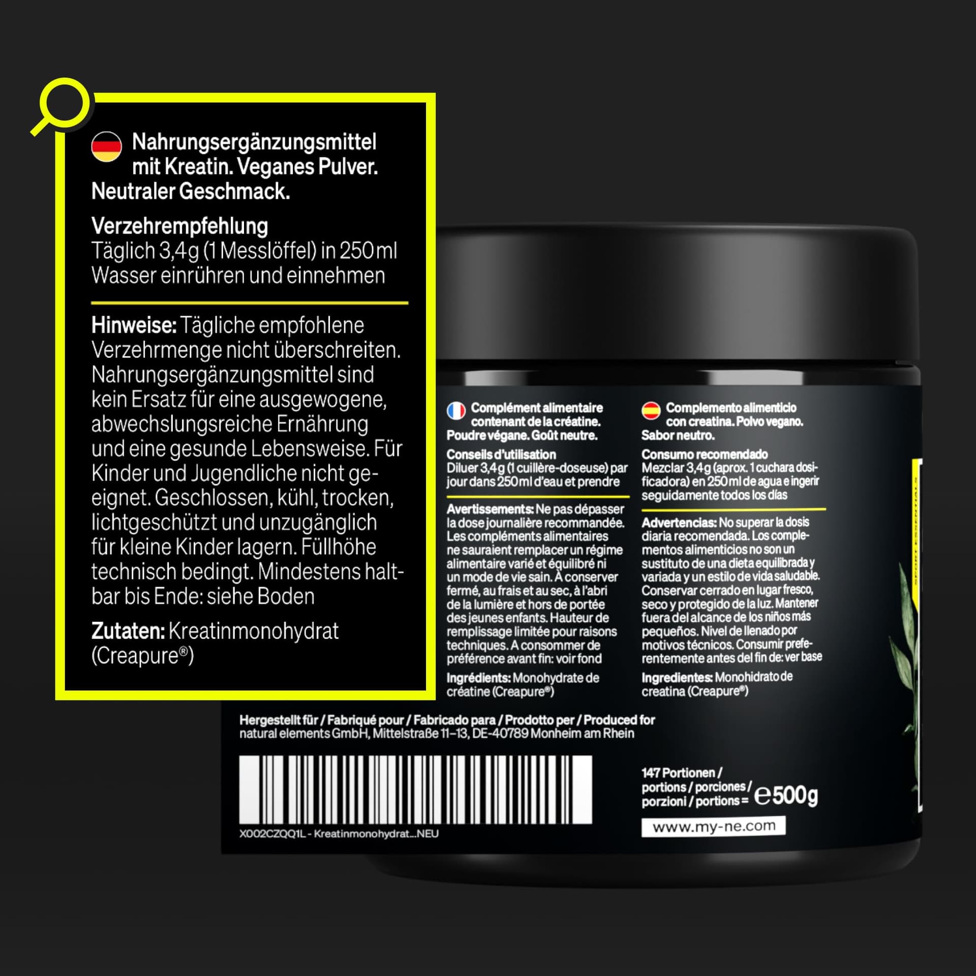 Natural Elements Kreatin Monohydrat Pulver – Markenrohstoff Creapure® – 147 Portionen – Bild 5