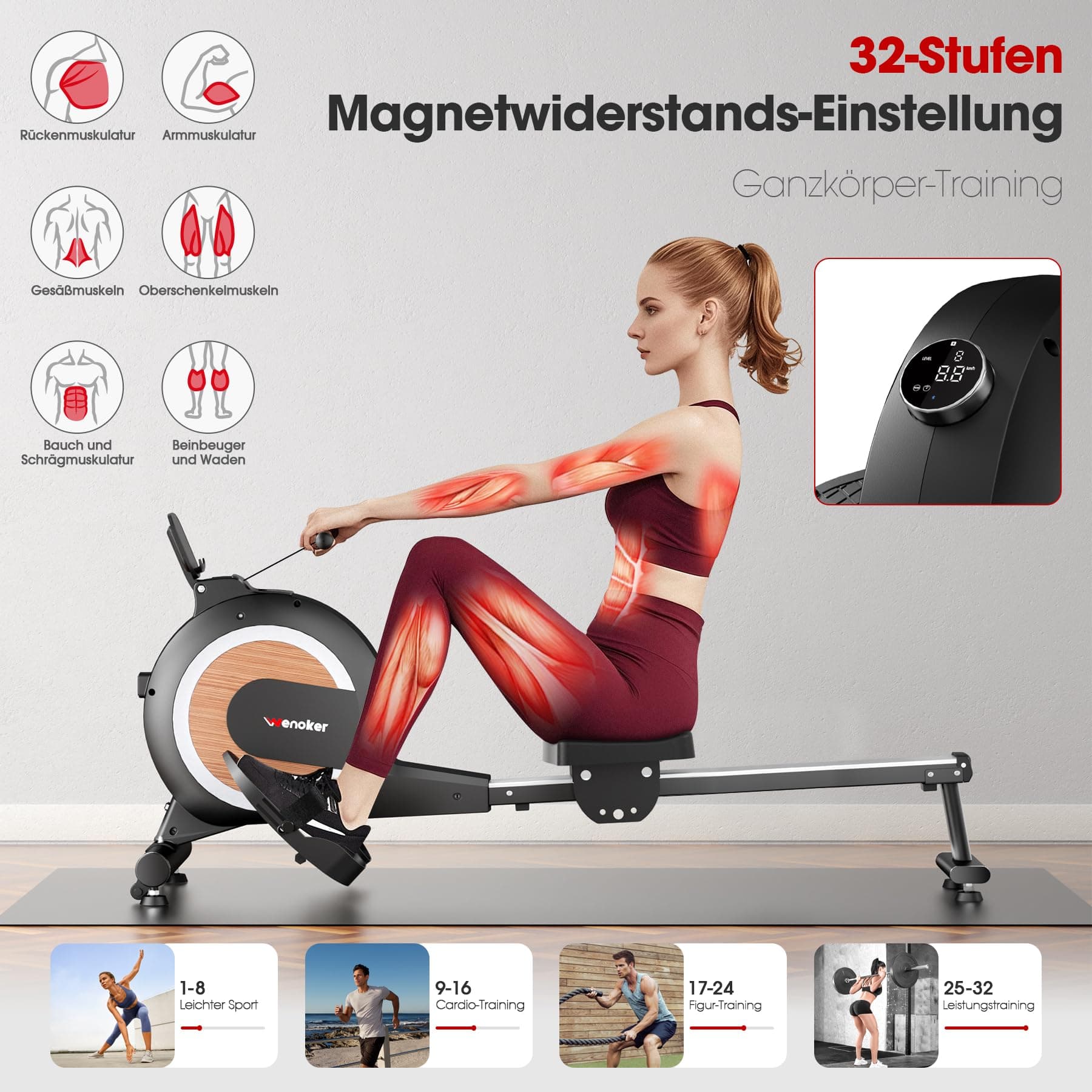 Wenoker Rudergerät mit Magnet-Fitnesstrainer – Bild 3