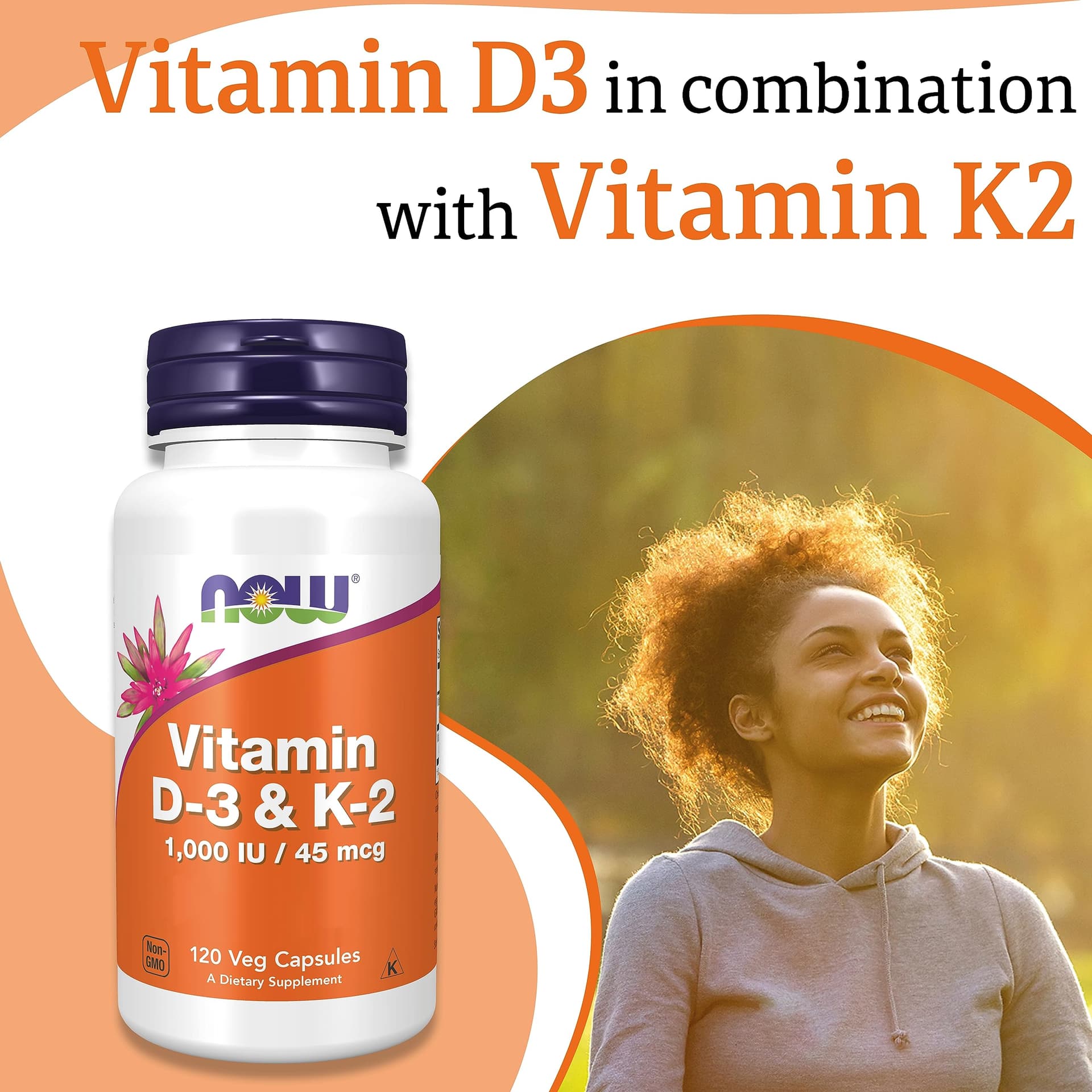 NOW Foods, Vitamin D3 & K2, 1,000IU, 120 Capsules – Bild 3
