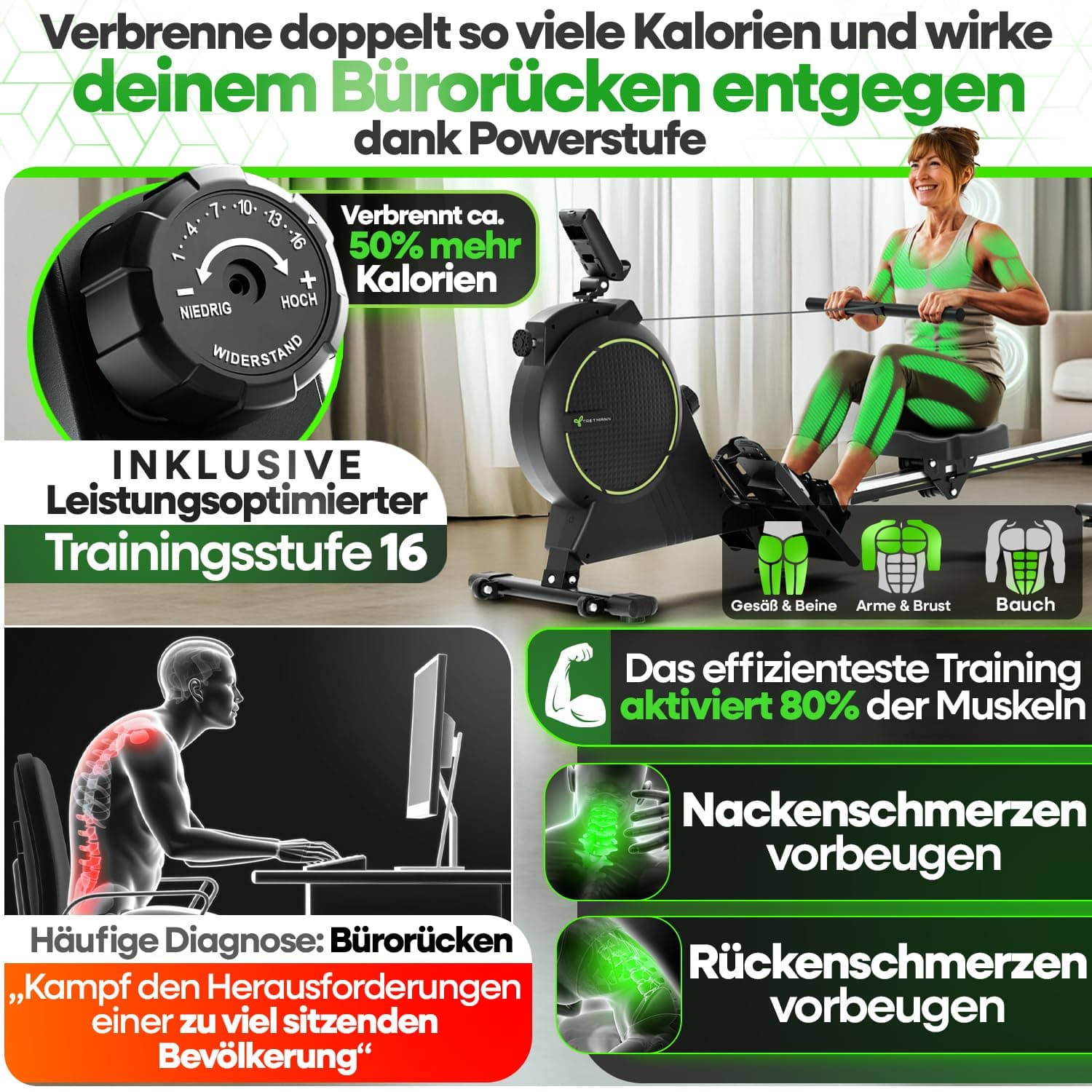 TRETMANN NEU Tretmann Rudergerät für Zuhause Set - extra leise- [Wirbelstrombremse2.0] bis 150KG – Bild 4