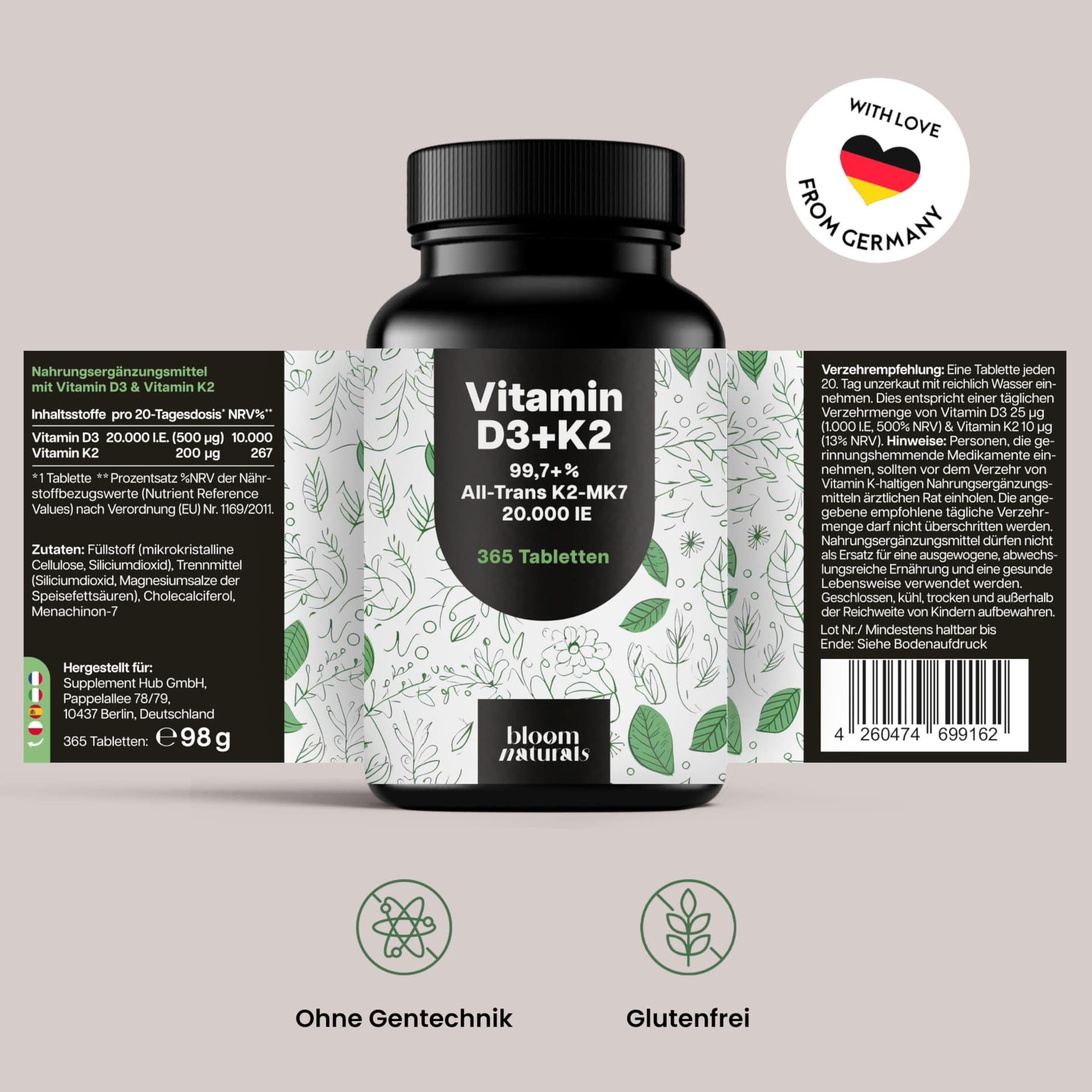 Bloom Naturals Beauty Supplements Vitamin D3 K2 hochdosiert – 365 Tabletten – Bild 6