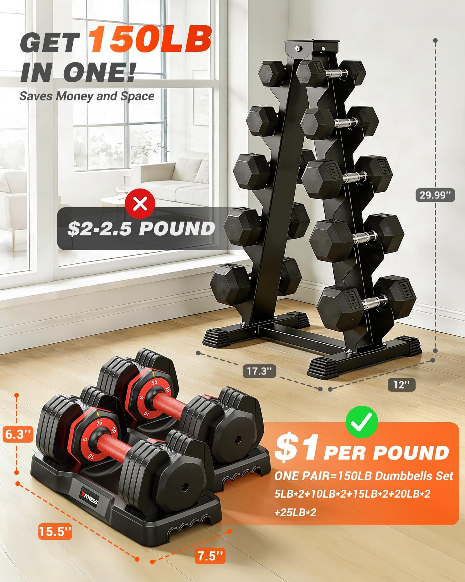 Rendpas Adjustable Dumbbell, 5-in-1/10-in-1, 25–55 lb – Bild 6