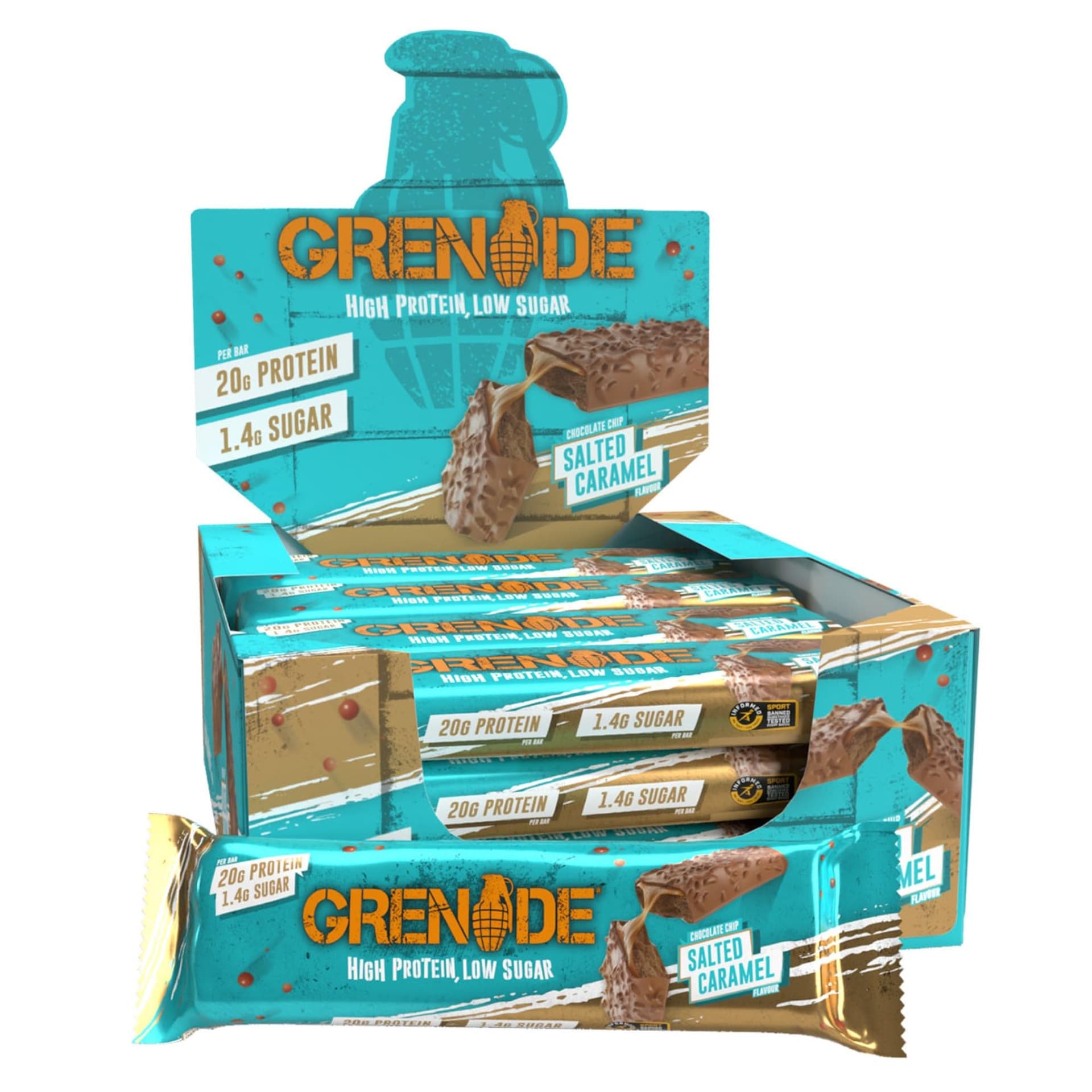 Grenade High Protein, Low Sugar Bar - Chocolate Chip Salted Caramel, 12 x 60 g