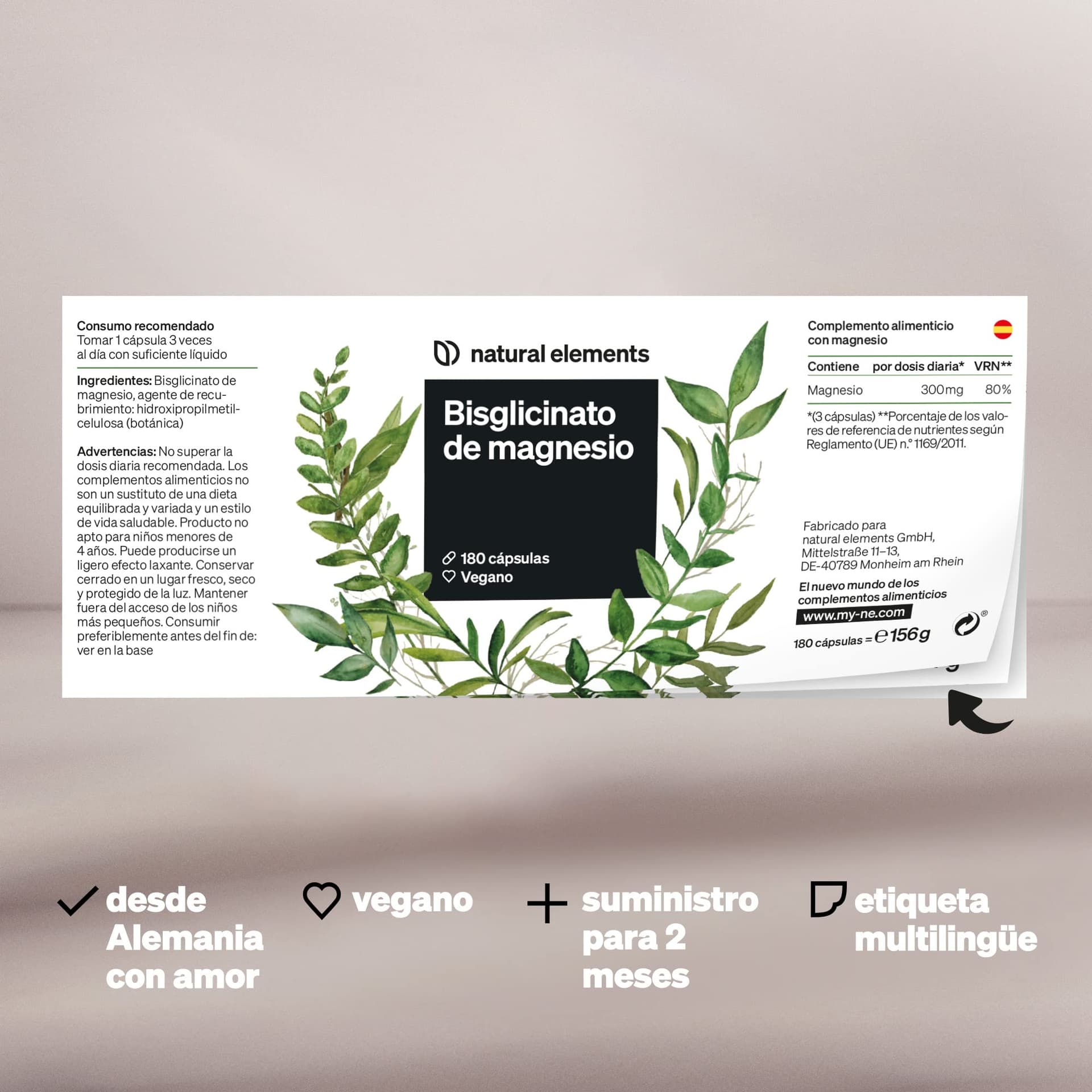 Natural Elements Magnésium Bisglycinate – 300 mg de magnésium élémentaire/dose journalière – 180 g – Bild 7