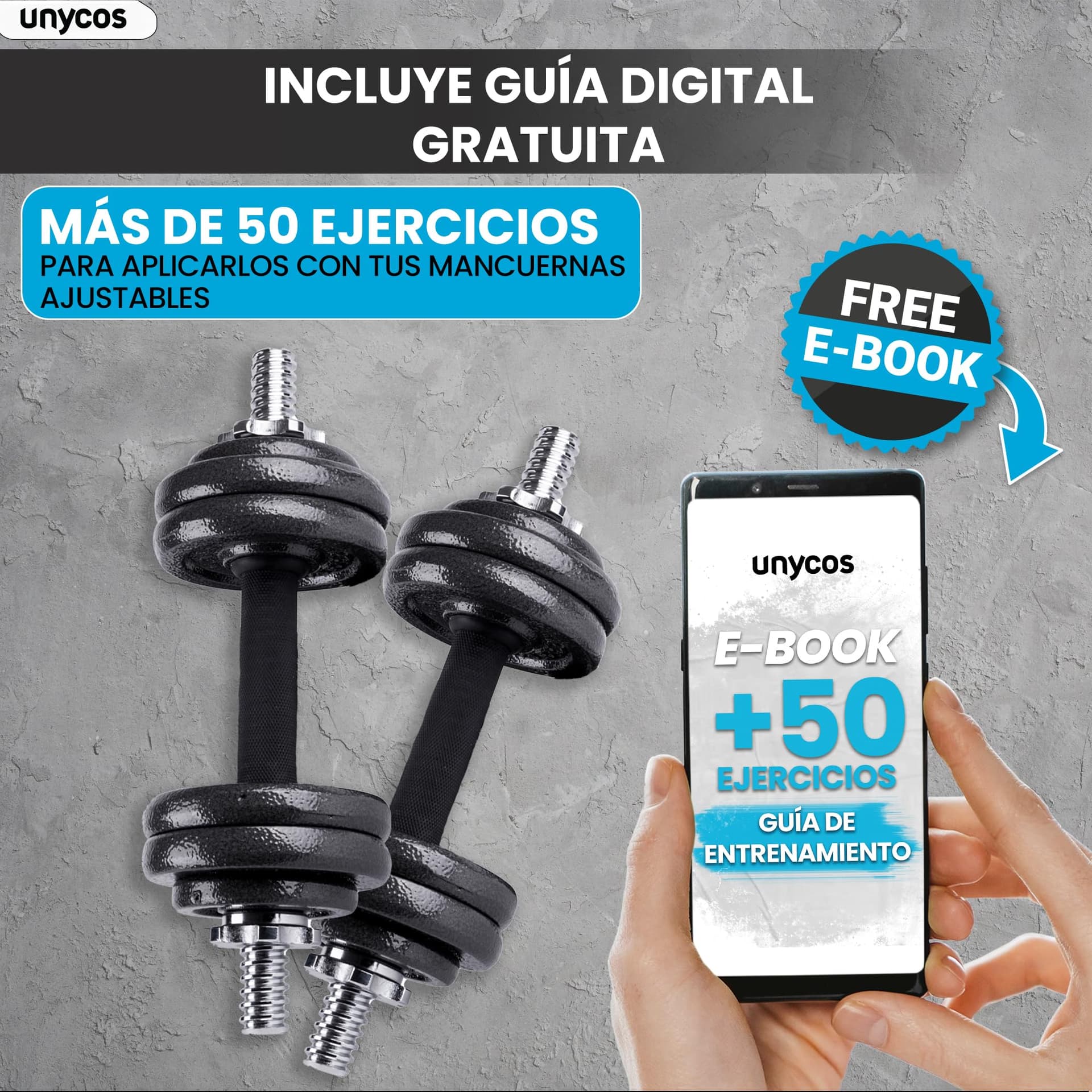 unycos Par de Mancuernas Ajustables y Antideslizantes con Barra de Conexión【15 kg – Bild 7