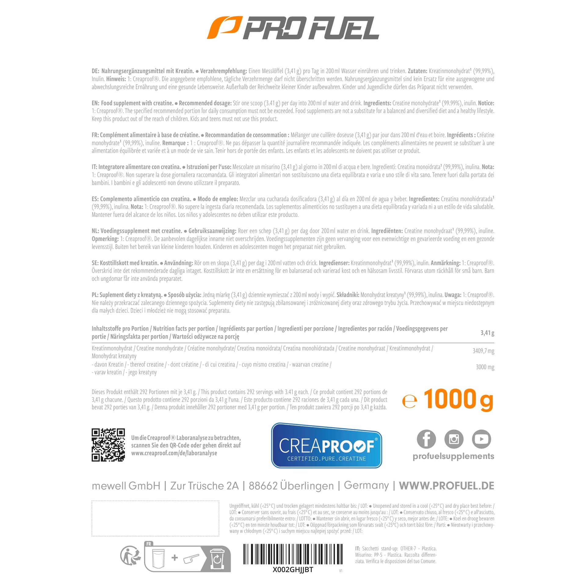 ProFuel CREAPROOF® Creatin Monohydrat 1000g – Bild 6