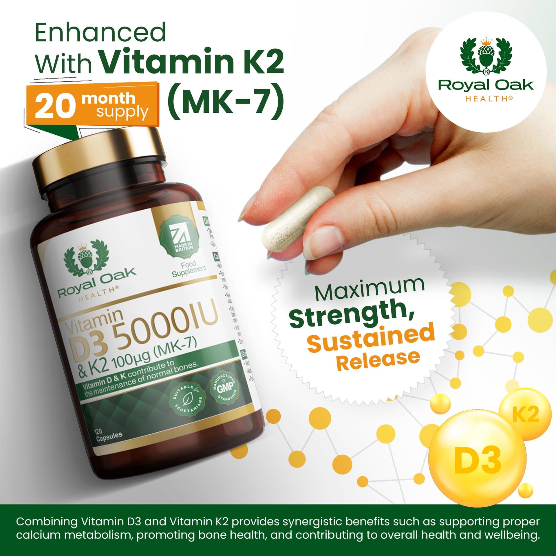 Royal Oak Health Vitamin D3 5000 IU & Vitamin K2 100mcg (MK-7) x120 Capsules – Bild 5