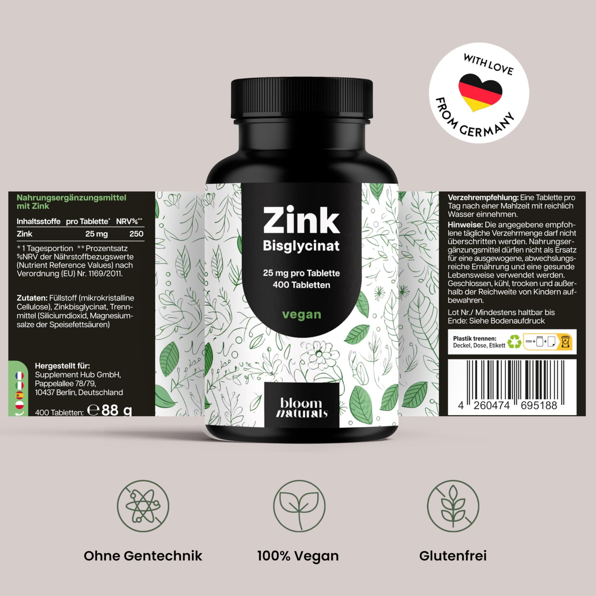 Bloom Naturals Beauty Supplements Zink Tabletten hochdosiert 25mg - 400 Tabletten – Bild 7