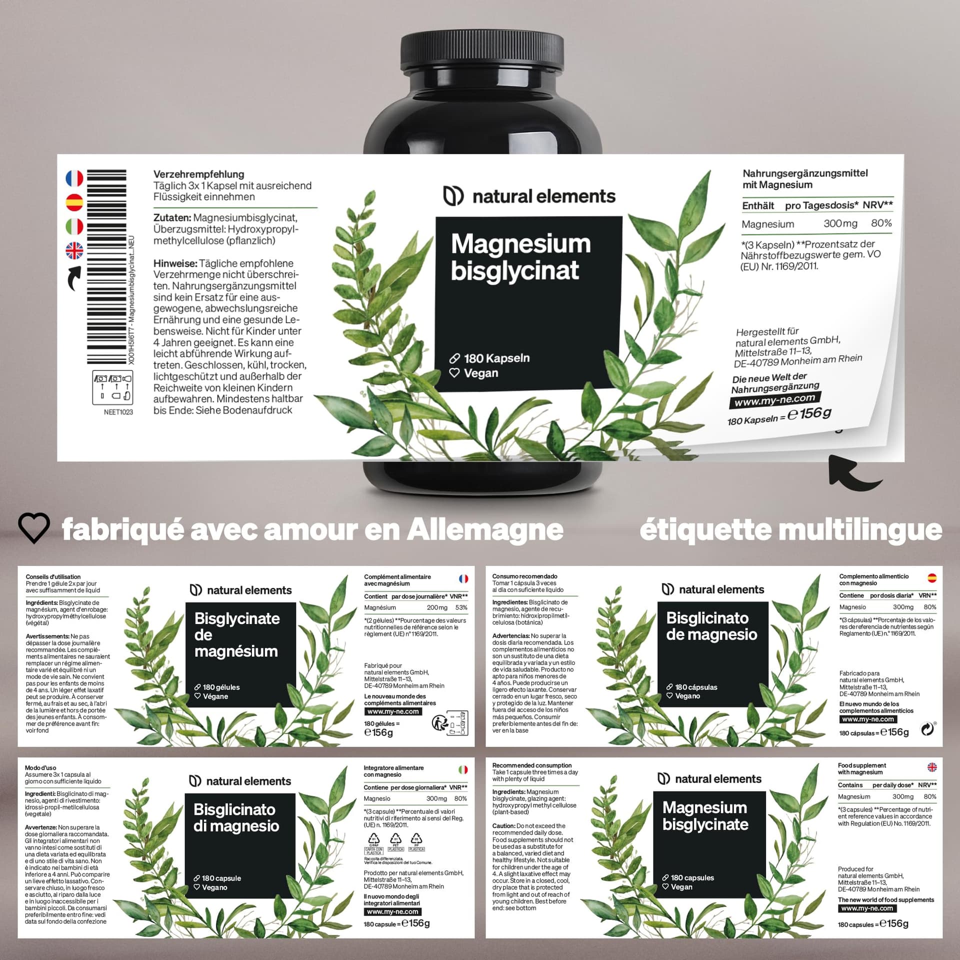 Natural Elements Magnésium Bisglycinate – 300 mg de magnésium élémentaire/dose journalière – 180 g – Bild 5