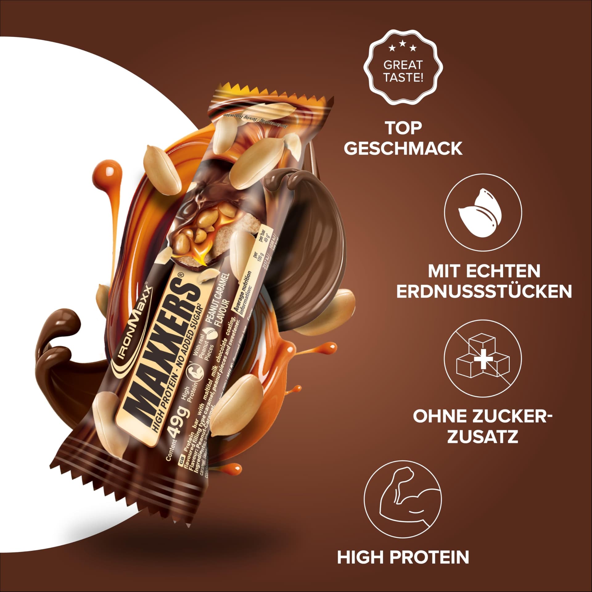 IronMaxx Maxxers Proteinriegel - Peanut Caramel 12x49g – Bild 2