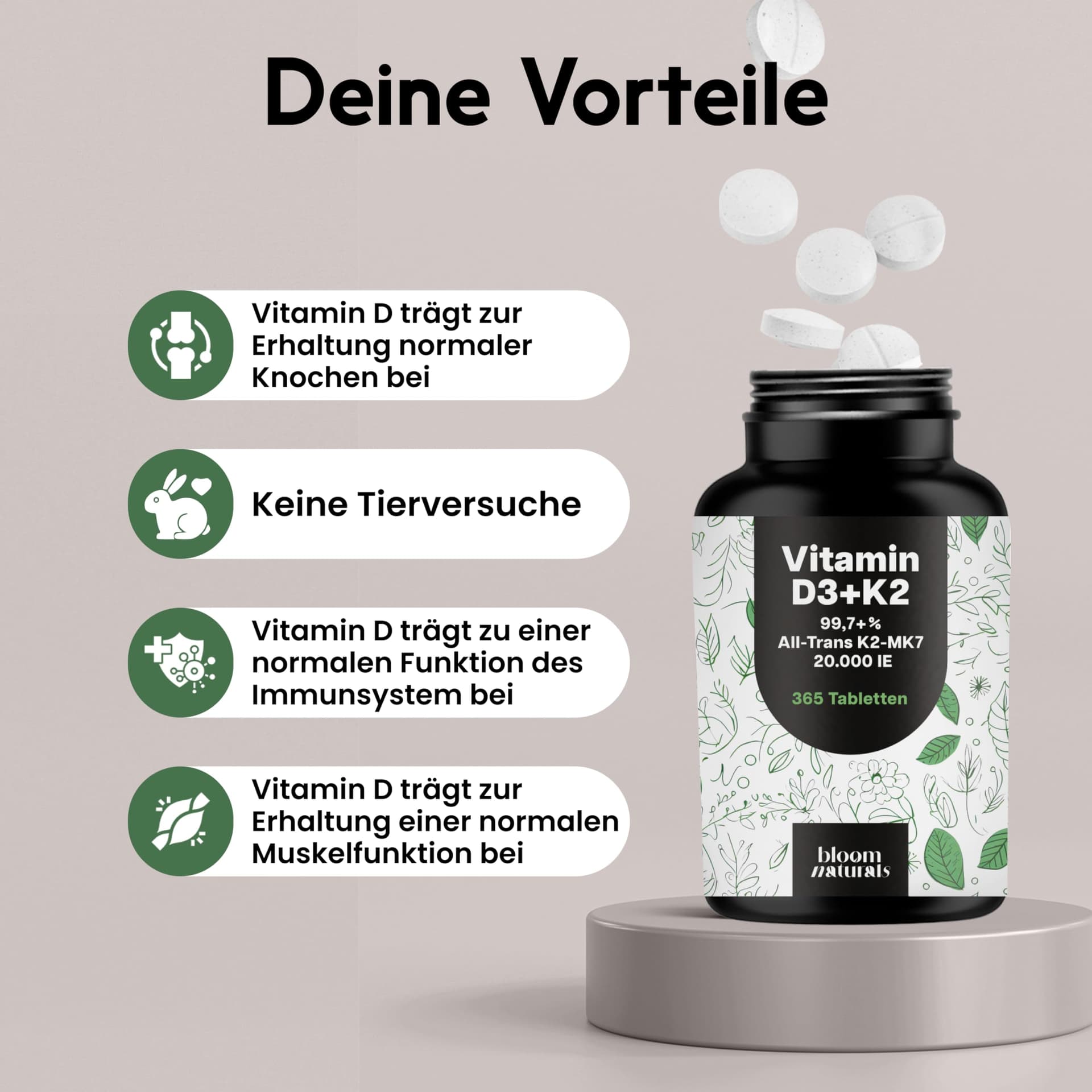 Bloom Naturals Beauty Supplements Vitamin D3 K2 hochdosiert – 365 Tabletten – Bild 4