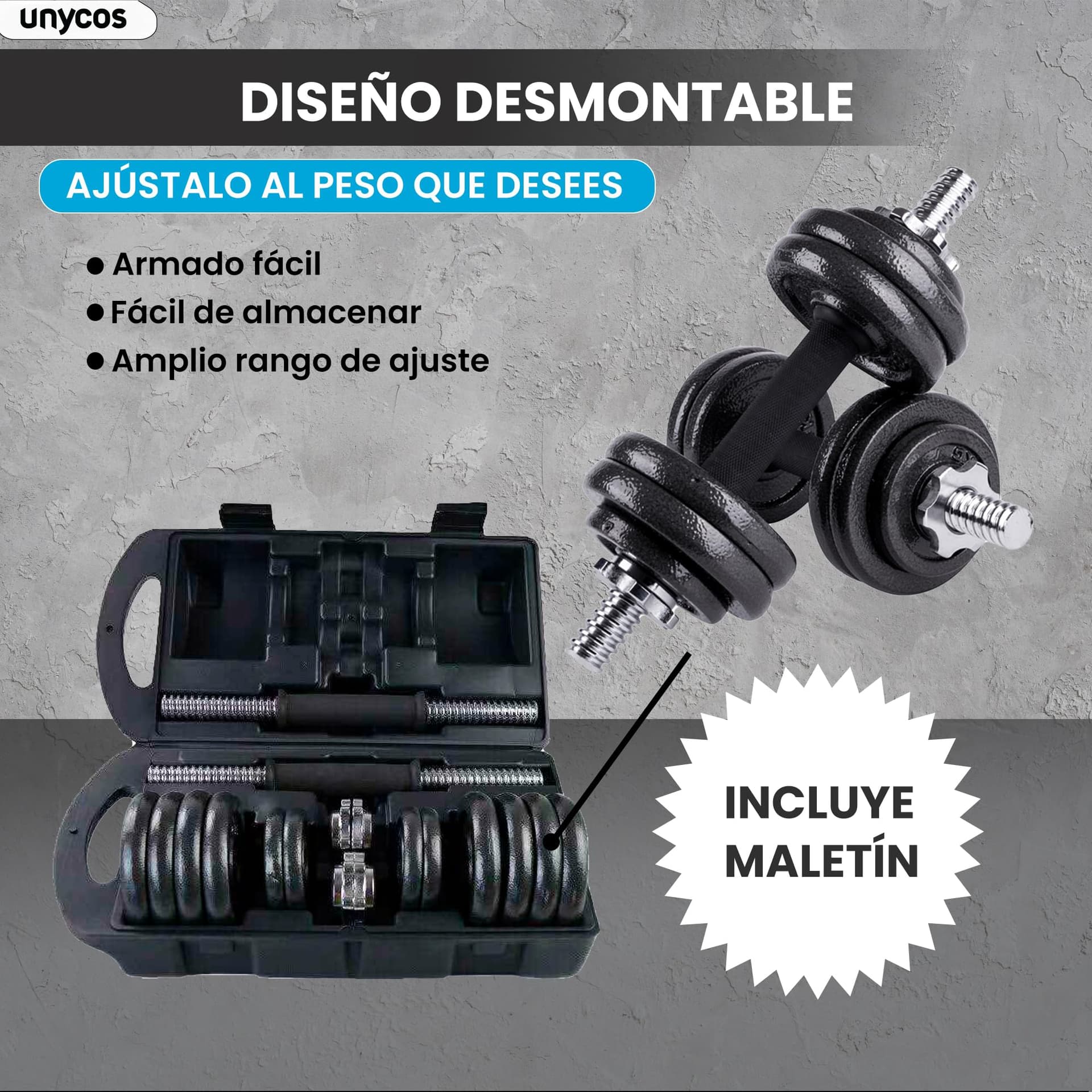 unycos Par de Mancuernas Ajustables y Antideslizantes con Barra de Conexión【15 kg – Bild 3