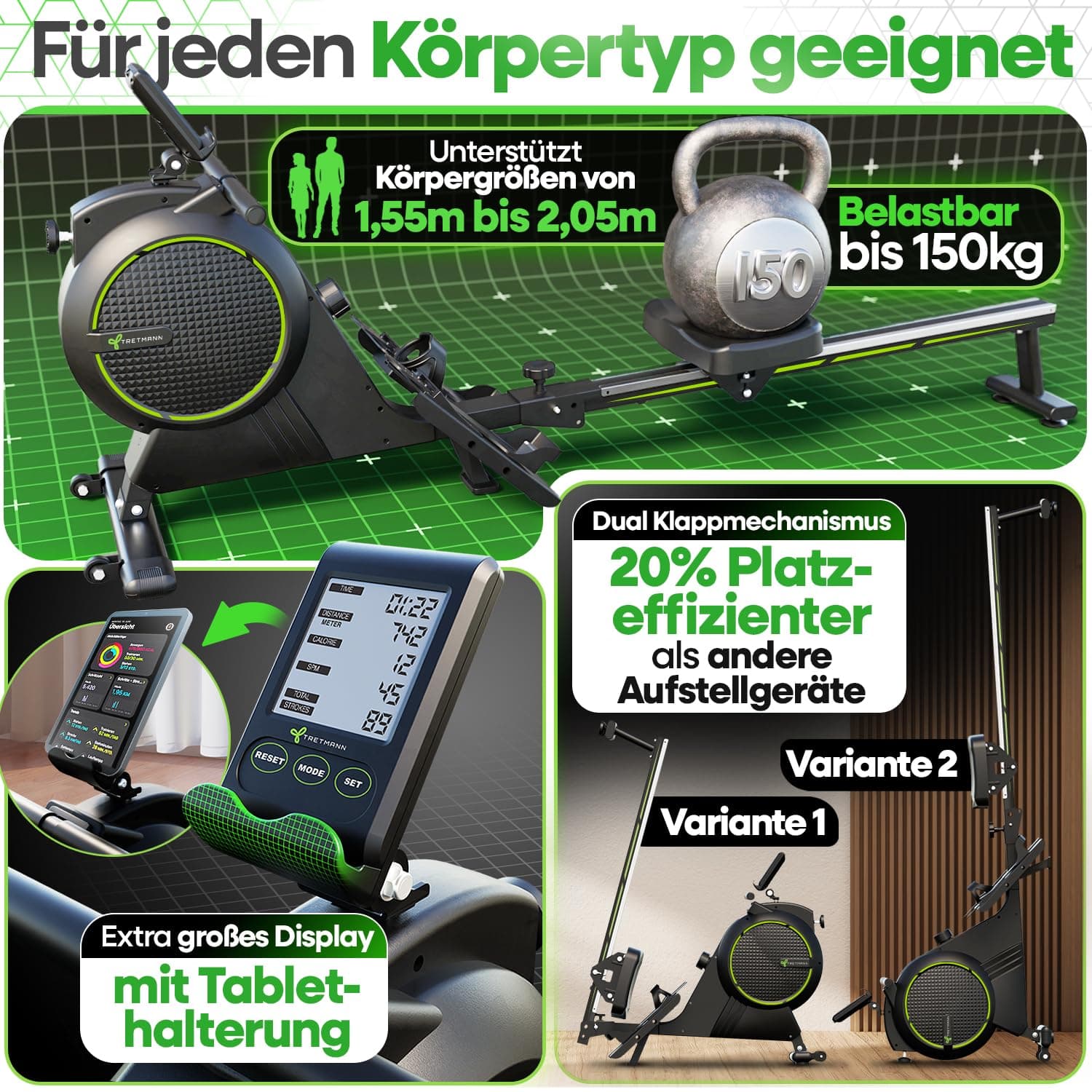 TRETMANN NEU Tretmann Rudergerät für Zuhause Set - extra leise- [Wirbelstrombremse2.0] bis 150KG – Bild 3