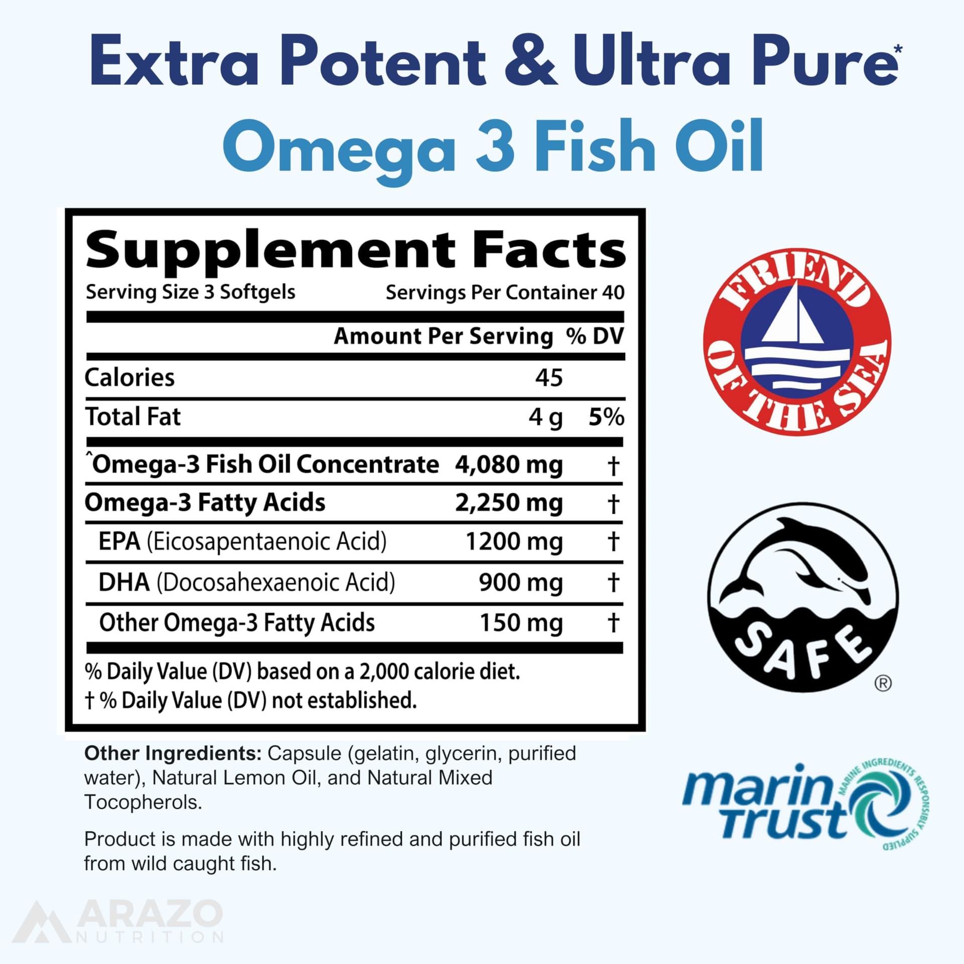 Arazo Nutrition Wild Caught Omega-3 Fish Oil Concentrate – 4,080mg – Bild 2