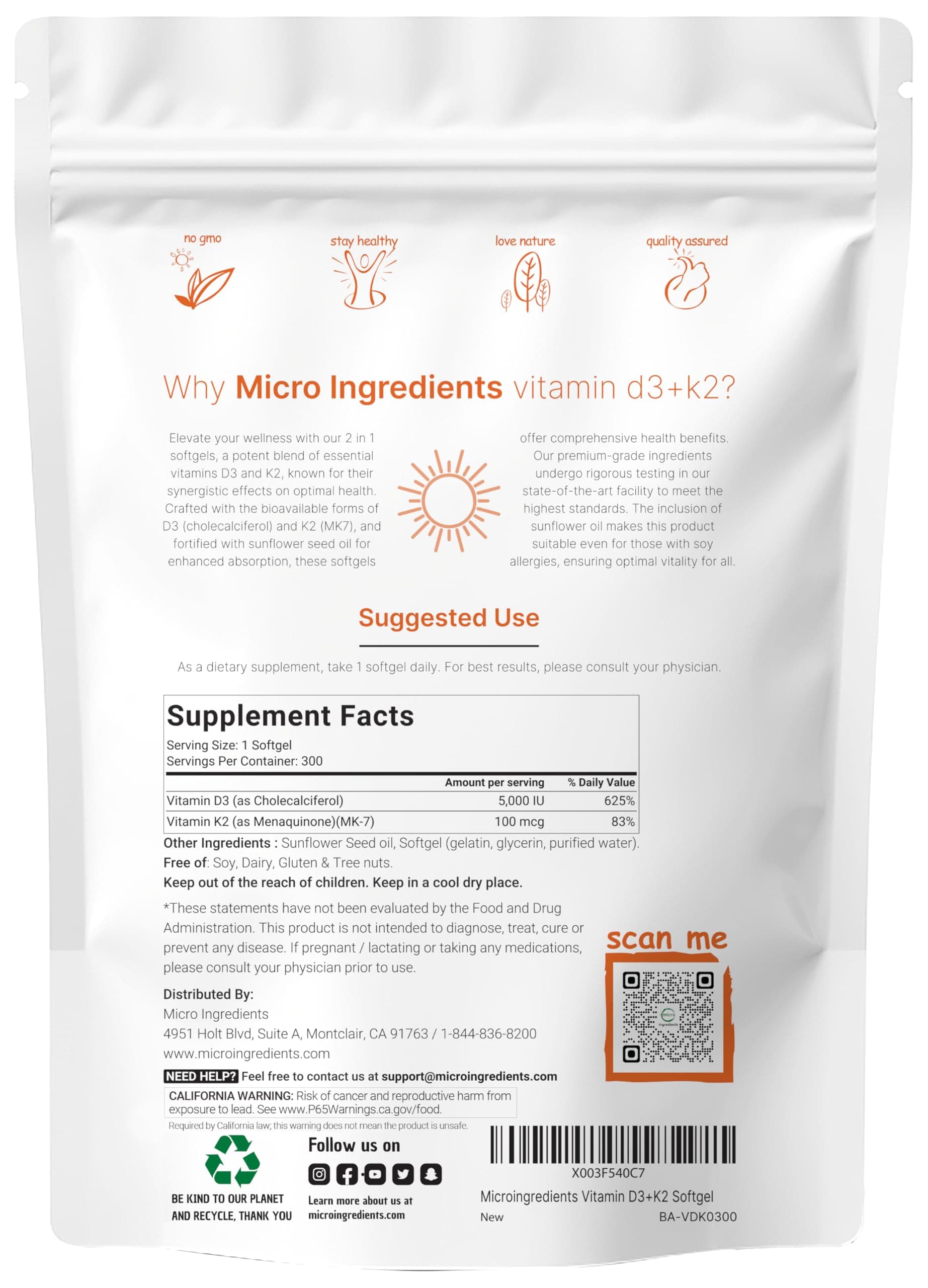 Micro Ingredients Vitamin D3 5,000 IU + K2 MK-7 100 mcg – Bild 2