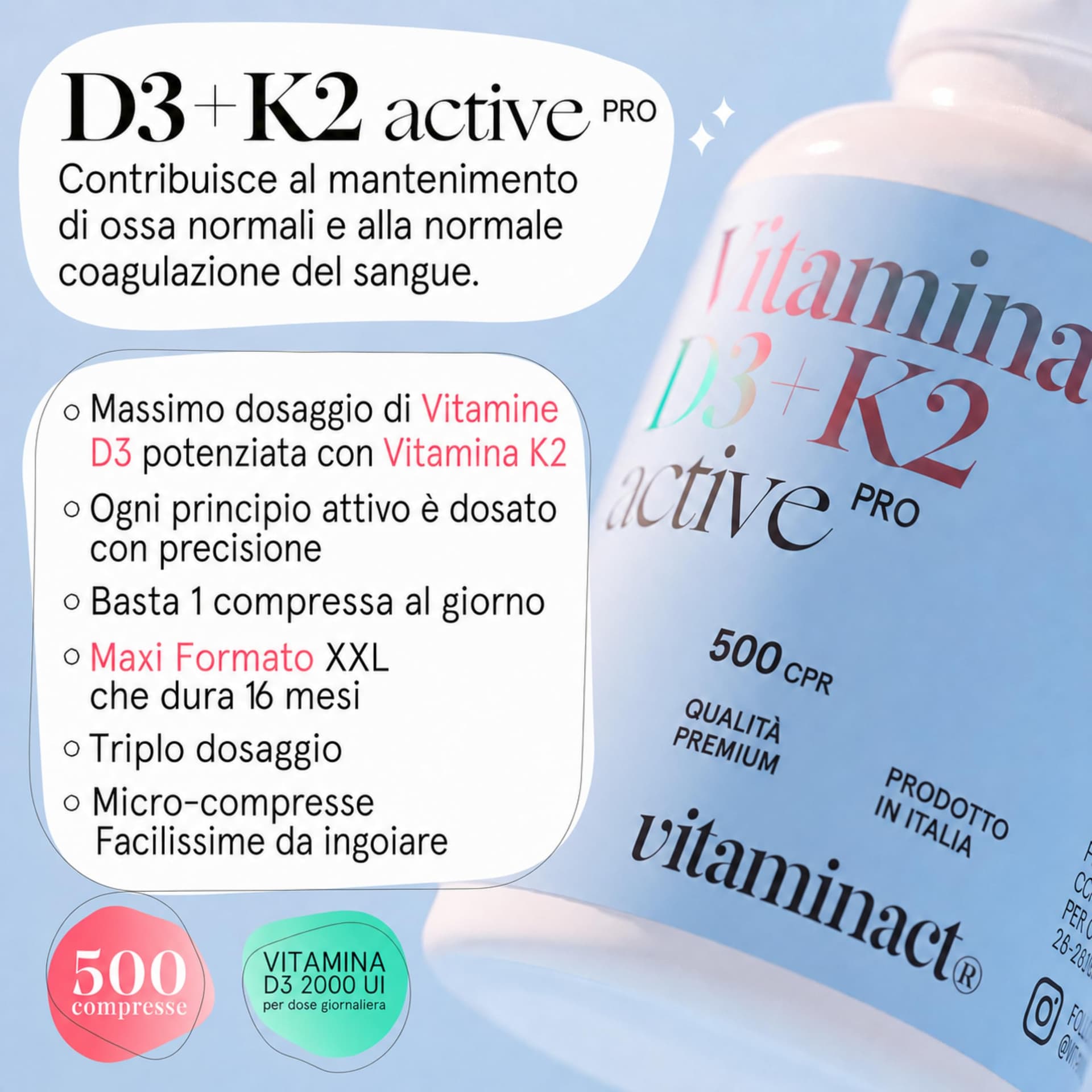 Vitaminact Vitamina D3 K2 (Dura 1 anno e 4 mesi) 500 Microcompresse – Bild 4