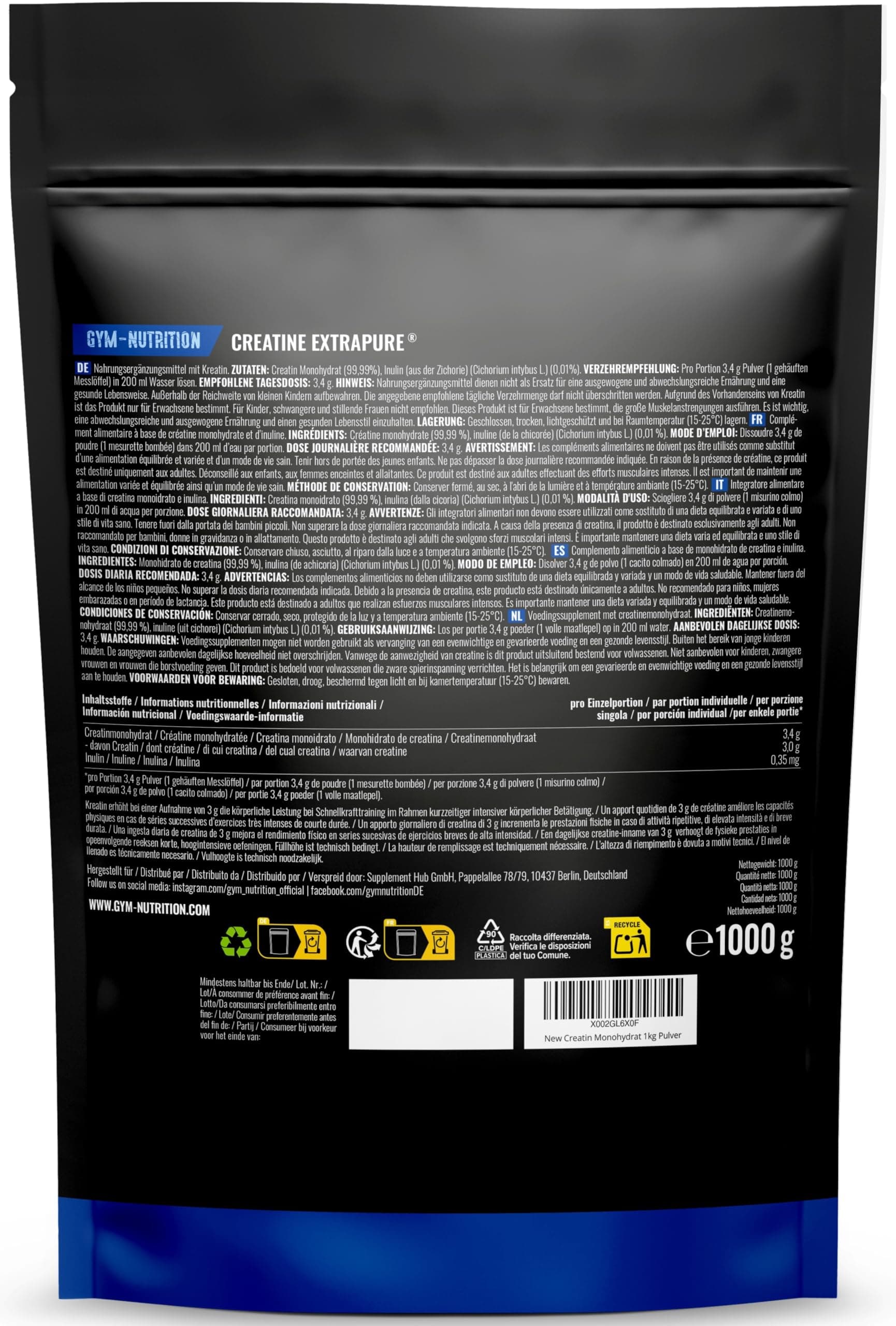 Gym Nutrition Creatine Monohydrate Poudre - 1kg – Bild 2