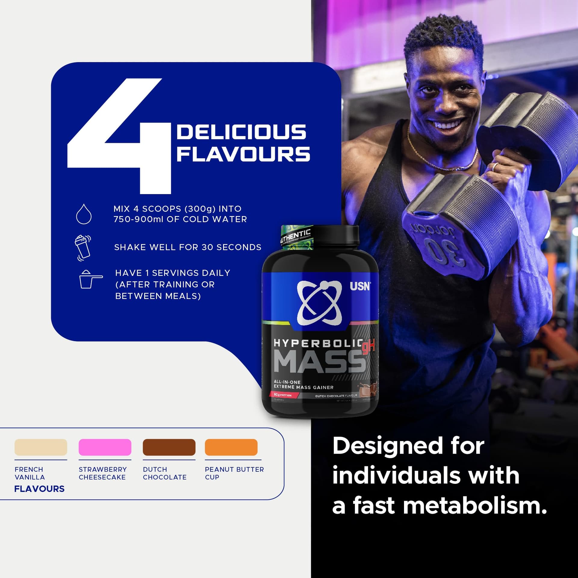 USN Hyperbolic Mass Weight Gainer Protein Powder | Dutch Chocolate | 6kg – Bild 6