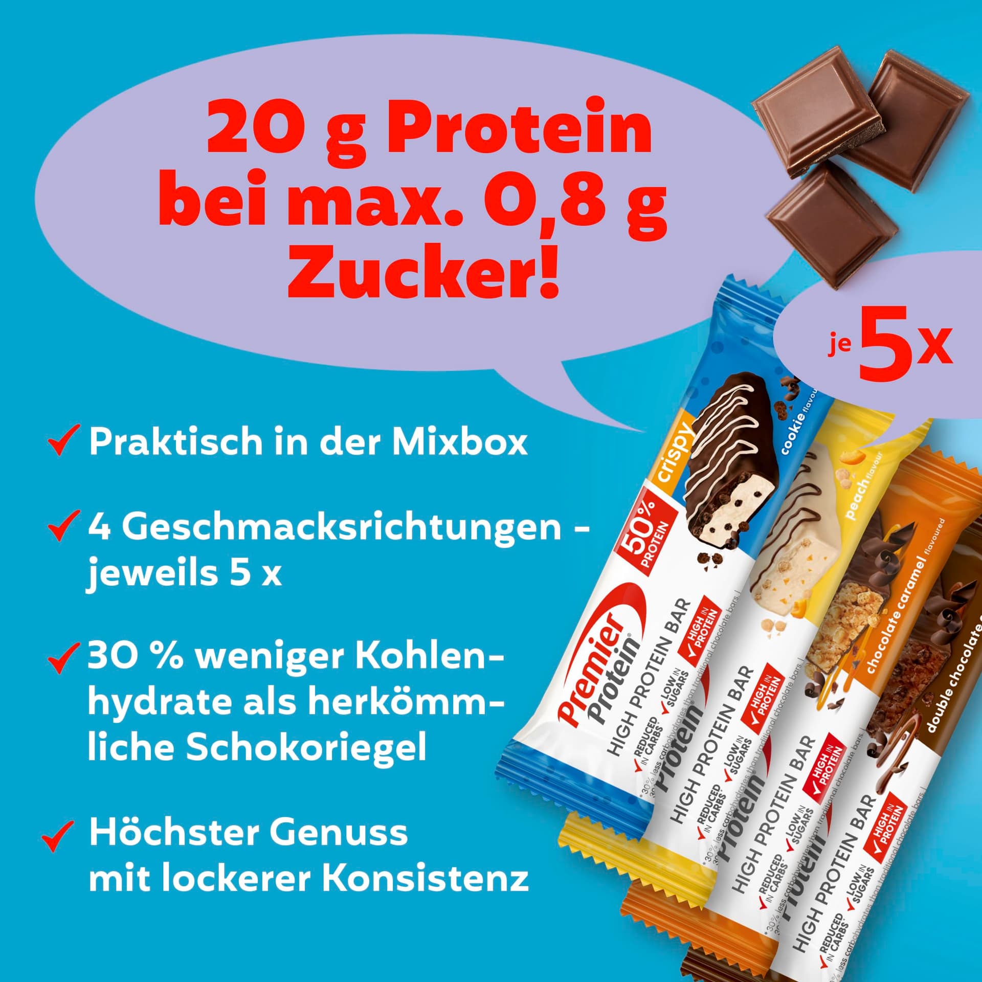 Premier Protein High Protein Bar 50% - Multiflavourbox - 20x40g – Bild 3