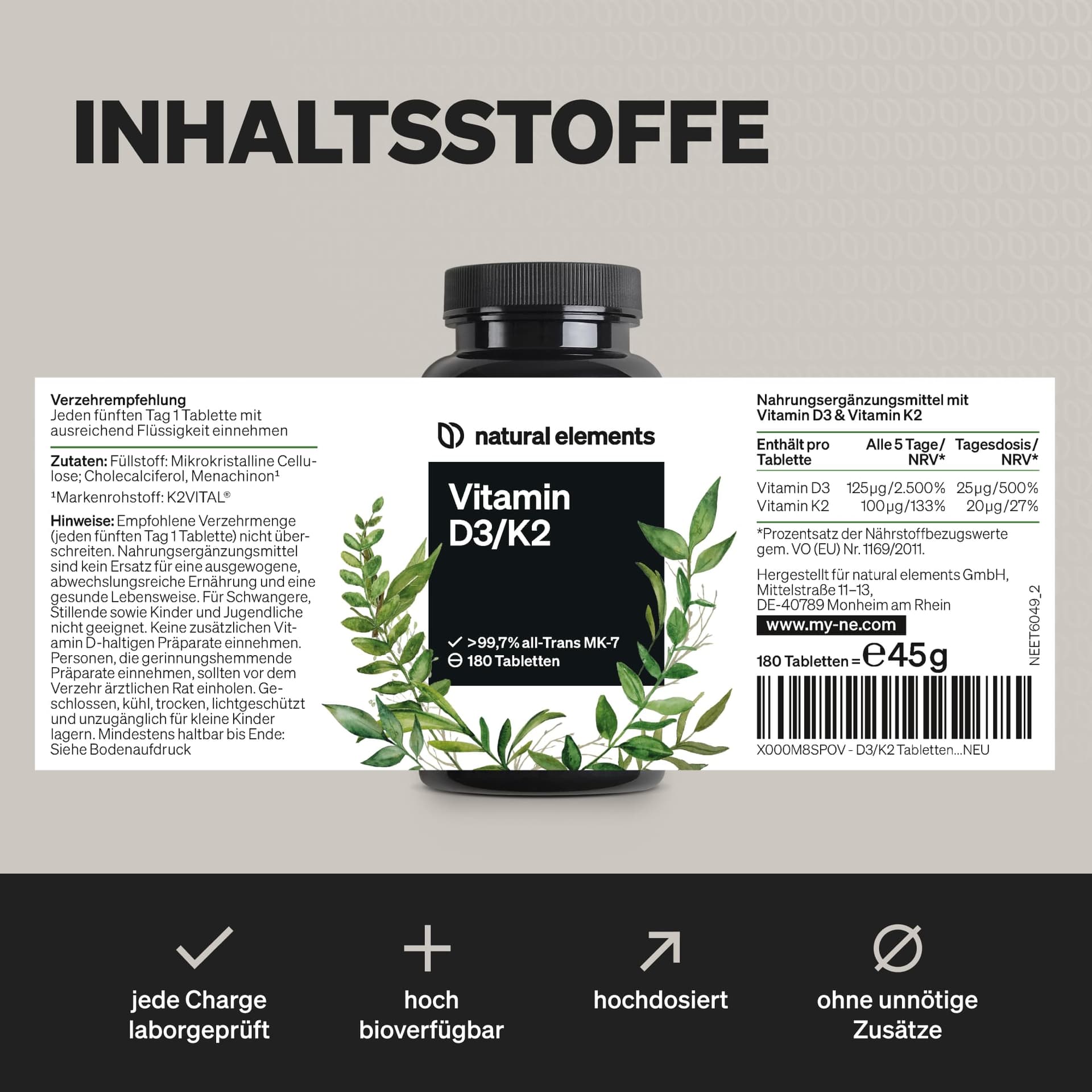 Natural Elements Vitamin D3 + K2 Depot – 180 Tabletten – Bild 6