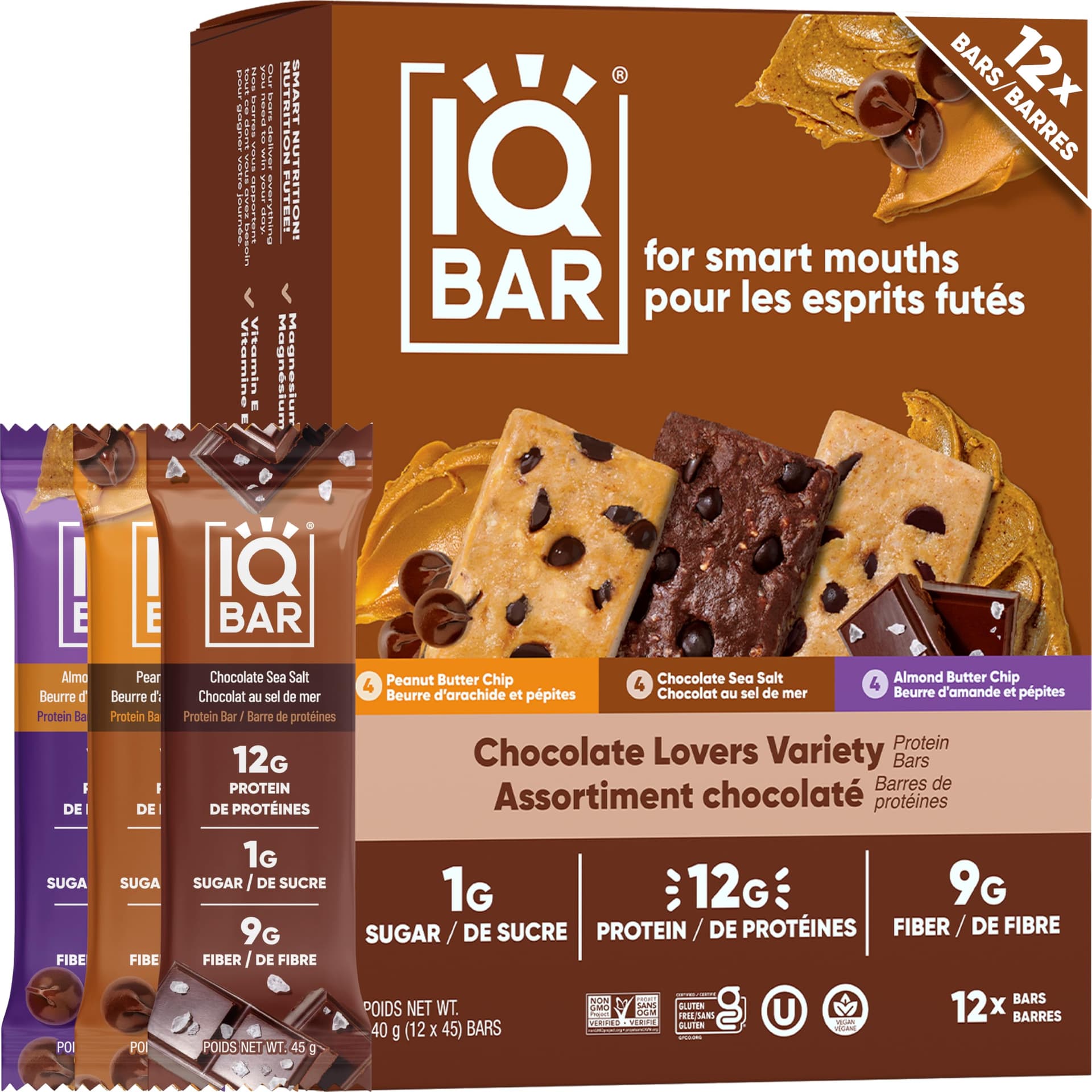 IQBAR Clean Plant Protein Bars - Chocolate Lovers Variety - 12 Count