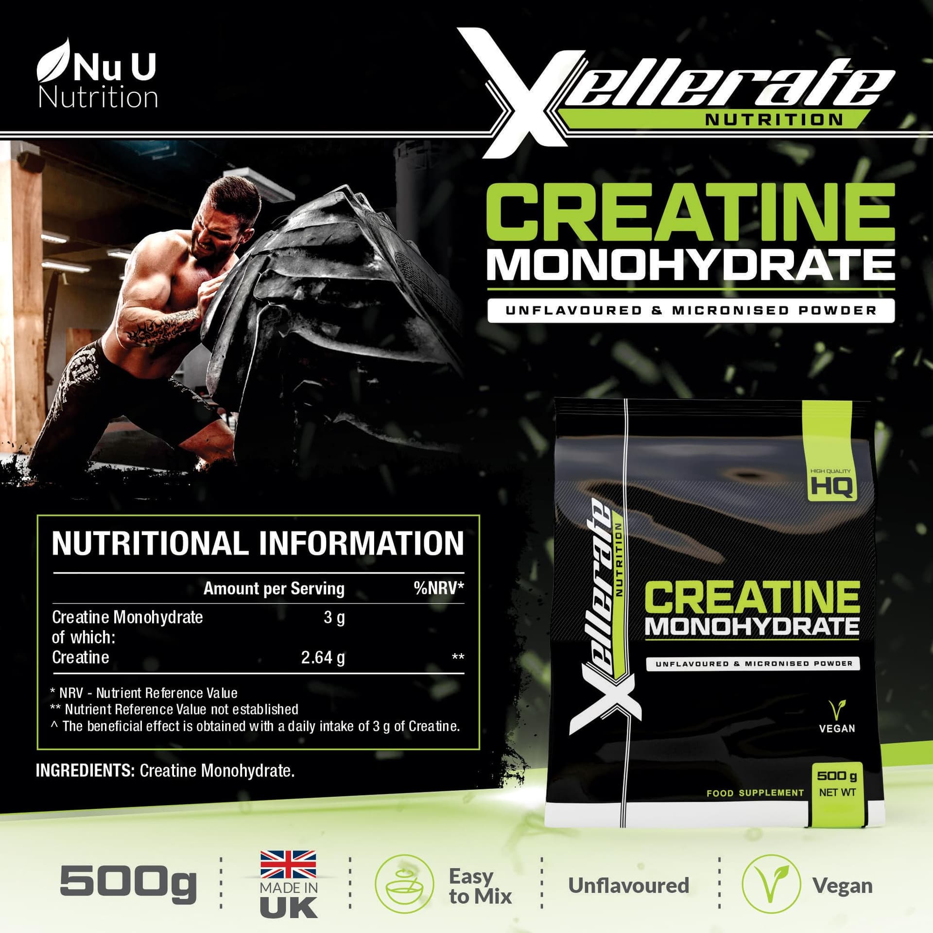 Xellerate NUTRITION Creatine Monohydrate Powder Micronised 500g – Bild 2