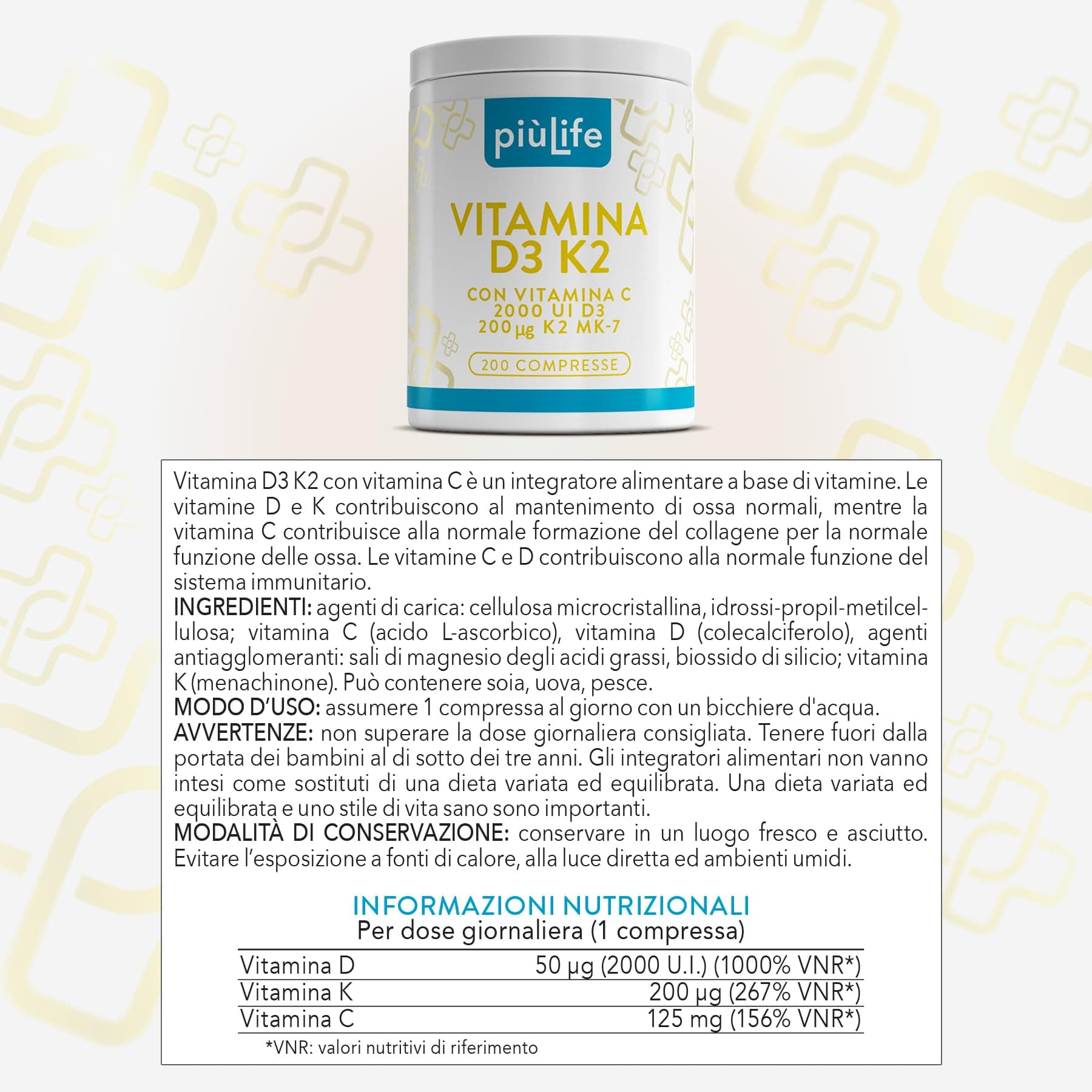 +LIFE Vitamina D3 K2 Mk7 Con Vitamina C PiùLife – 200 Compresse – Bild 7