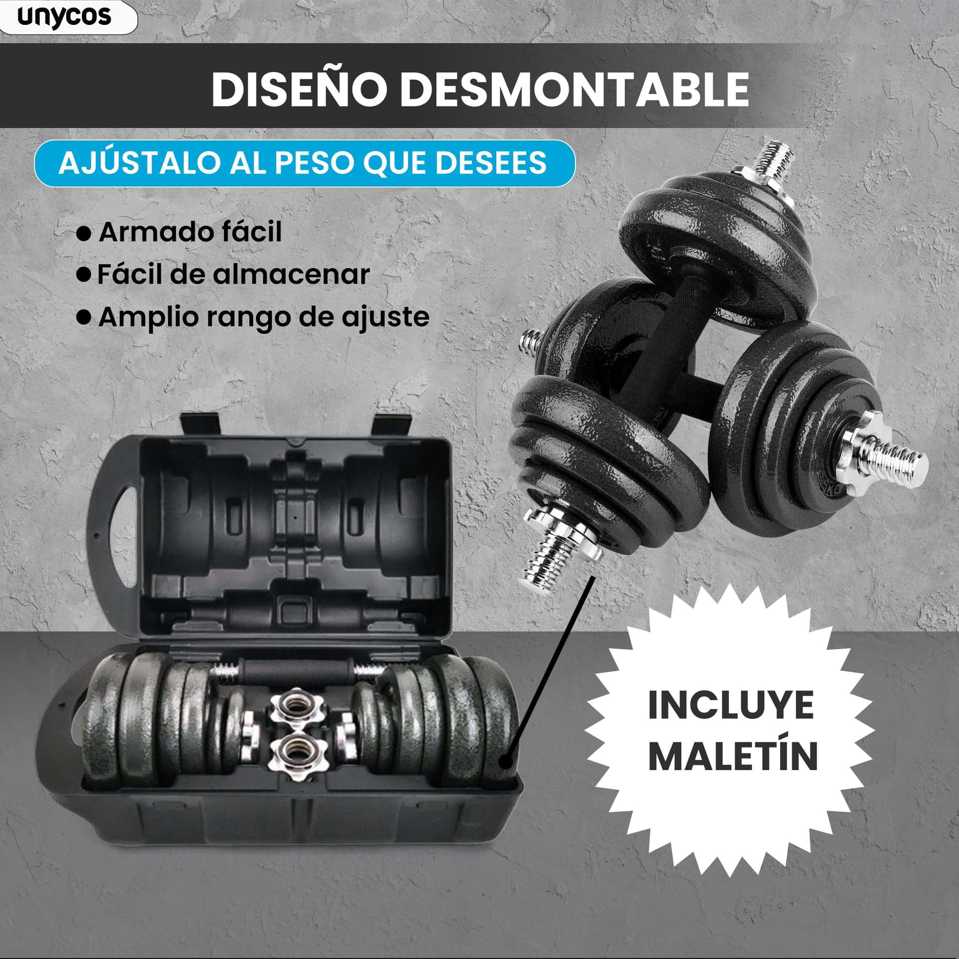 unycos Par de Mancuernas Ajustables y Antideslizantes con Barra de Conexión【20 kg – Bild 3