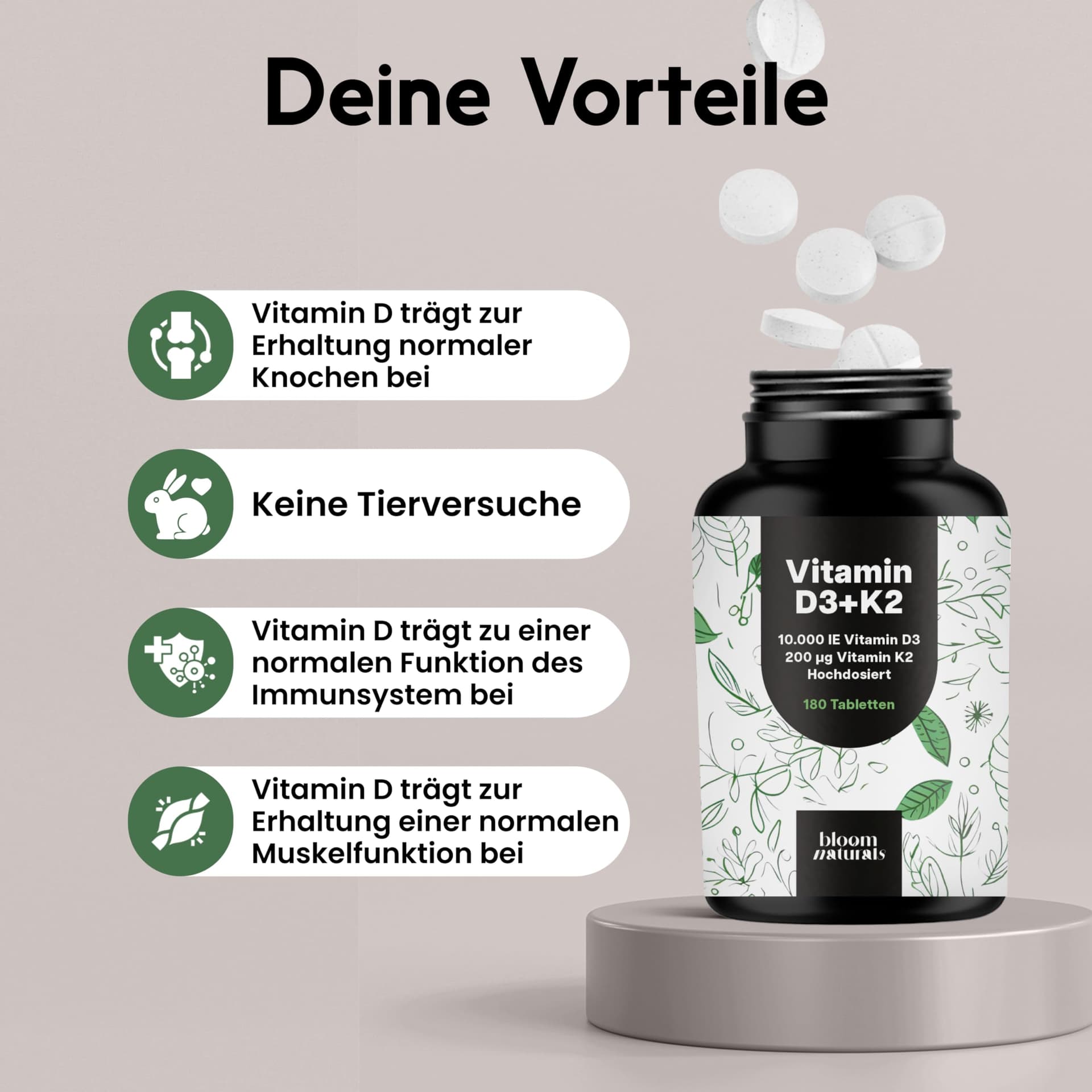 Bloom Naturals Beauty Supplements Vitamin D3 K2 hochdosiert – 180 Tabletten – Bild 4