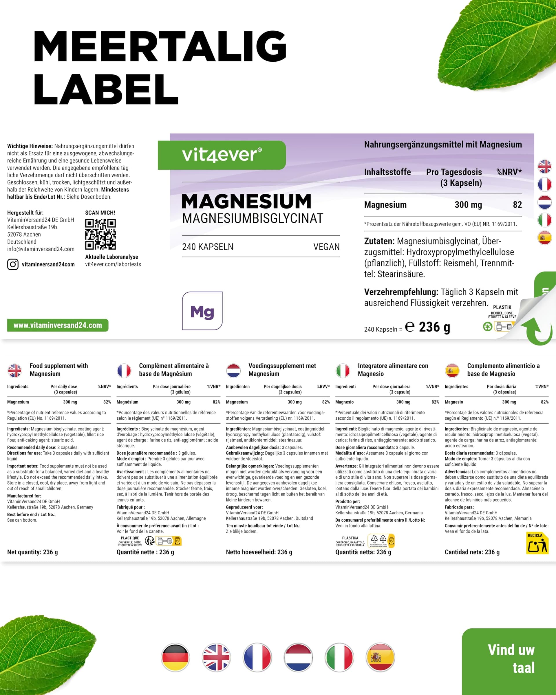 Vit4ever Magnesiumbisglycinaat - 240 Capsules – Bild 7