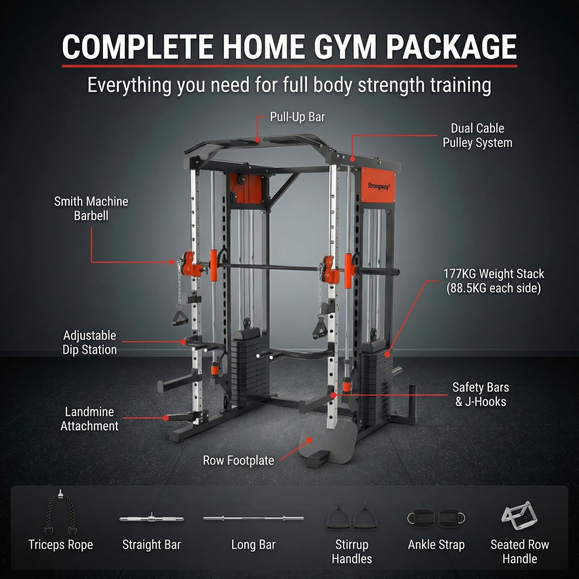 Strongway Multi Gym Smith Machine with Weights 177KG – Bild 4