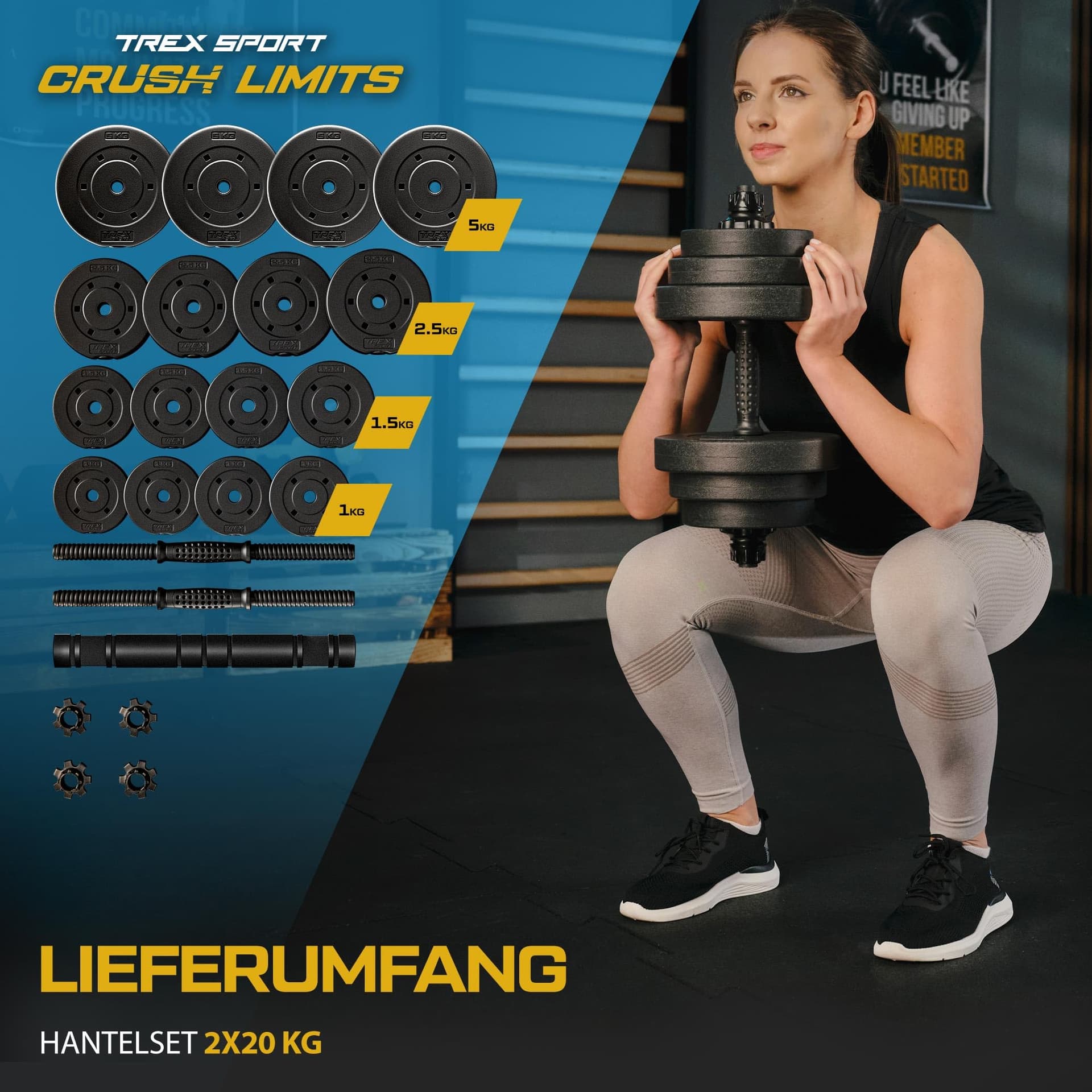 TREX SPORT Hanteln Set | 2er Set Kurzhanteln & Langhantel | 20 kg – Bild 3