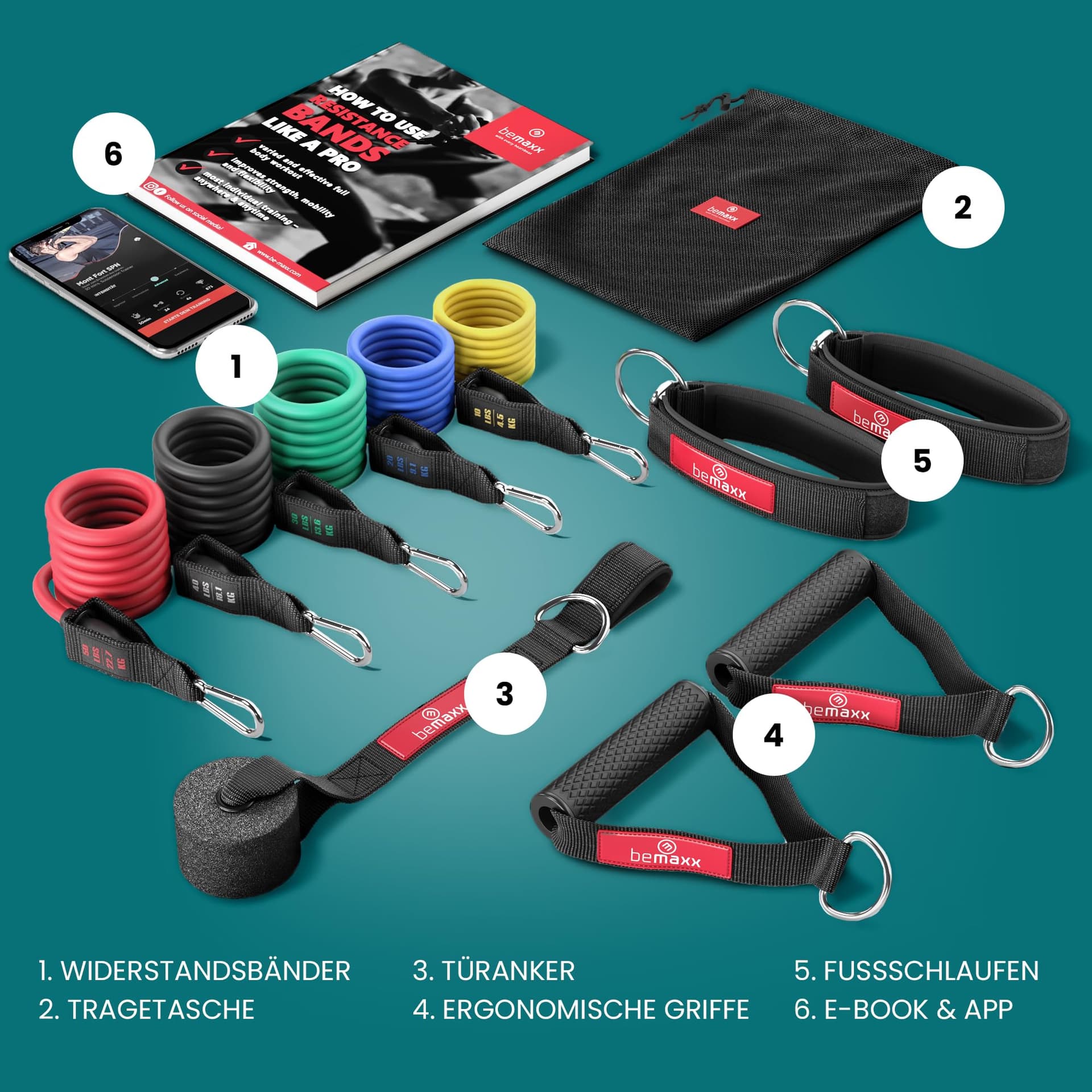BeMaxx Resistance Bands Weerstandsbanden Fitness Set + Trainings – Bild 2
