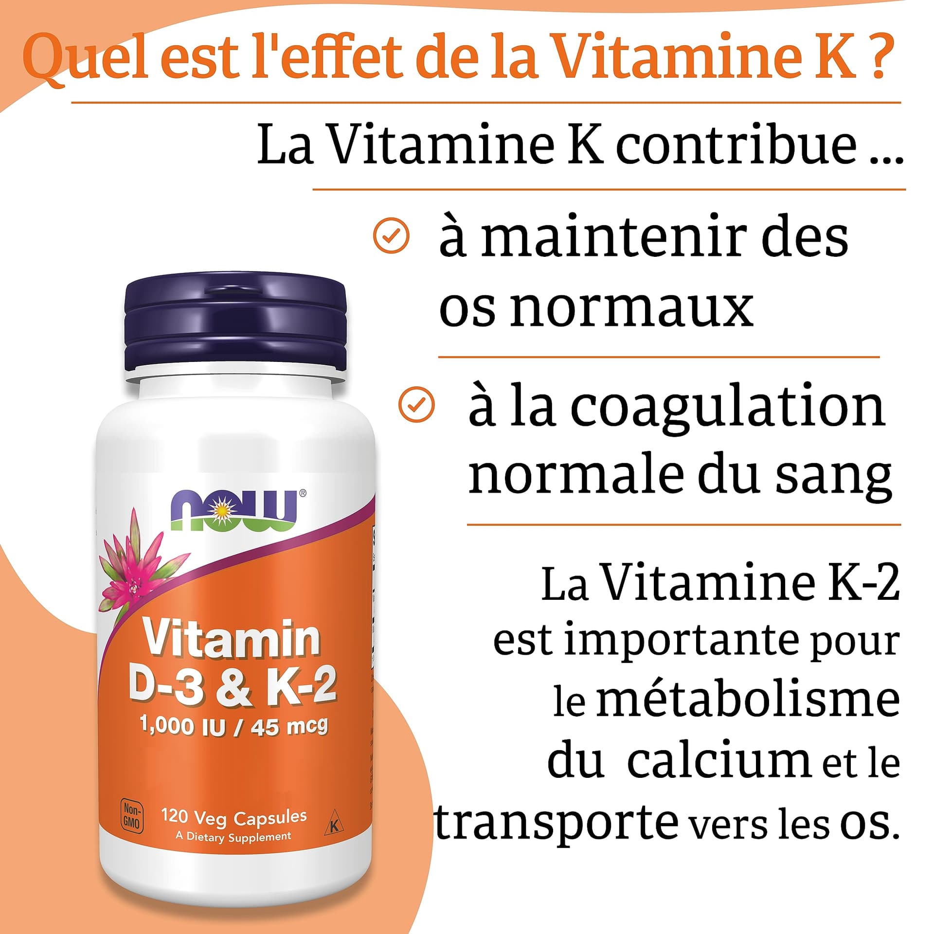 NOW Foods, Vitamin D3 & K2, 1,000IU, 120 Capsules – Bild 5
