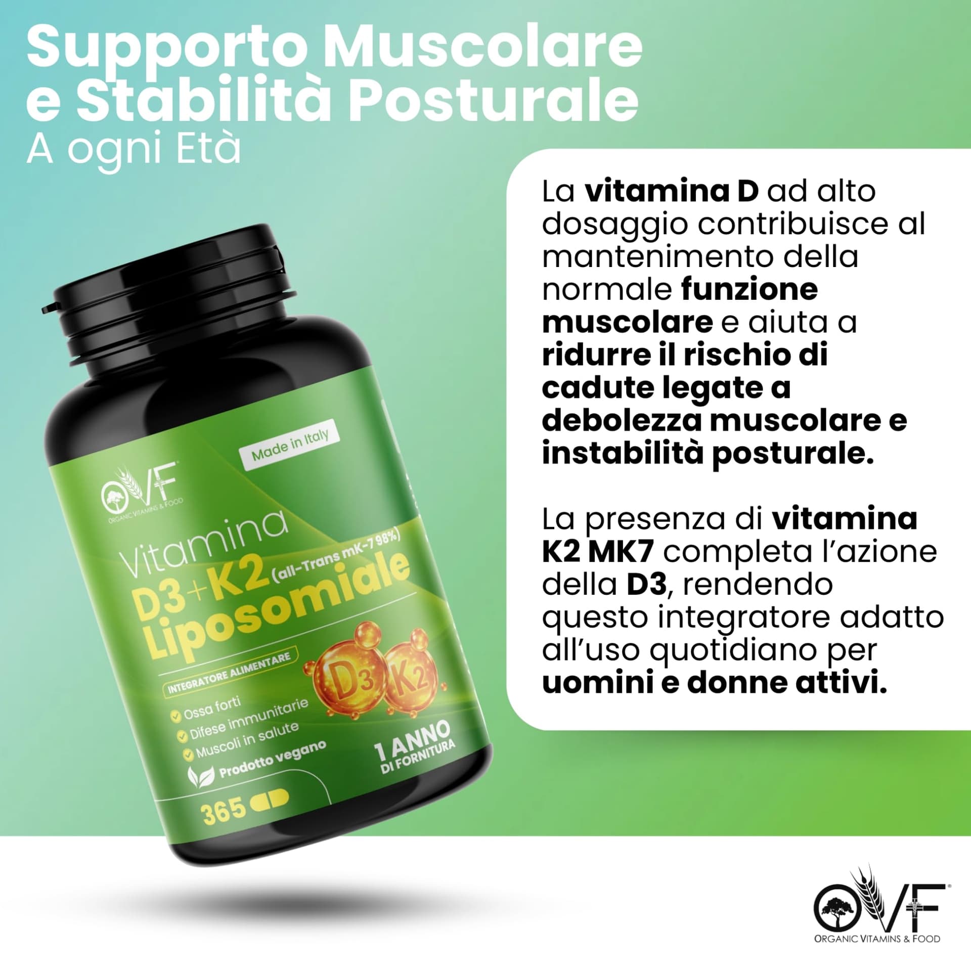 PARAFARMACIA, ORGANIC VITAMINS & FOOD OVF Vitamina D3 K2 Alto Dosaggio 365 Capsule – Bild 3
