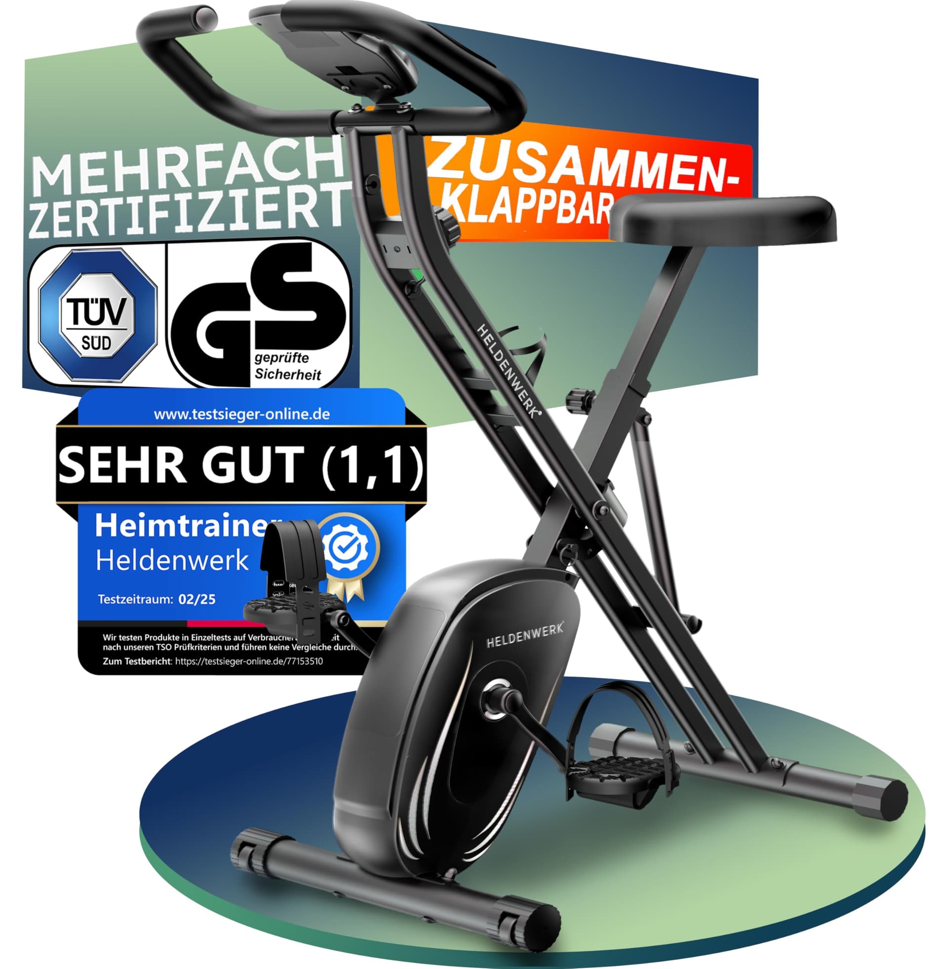 HELDENWERK Heimtrainer fahrrad Klappbar Set-extra bequem & leise- [FlexiFoam] bis 150KG