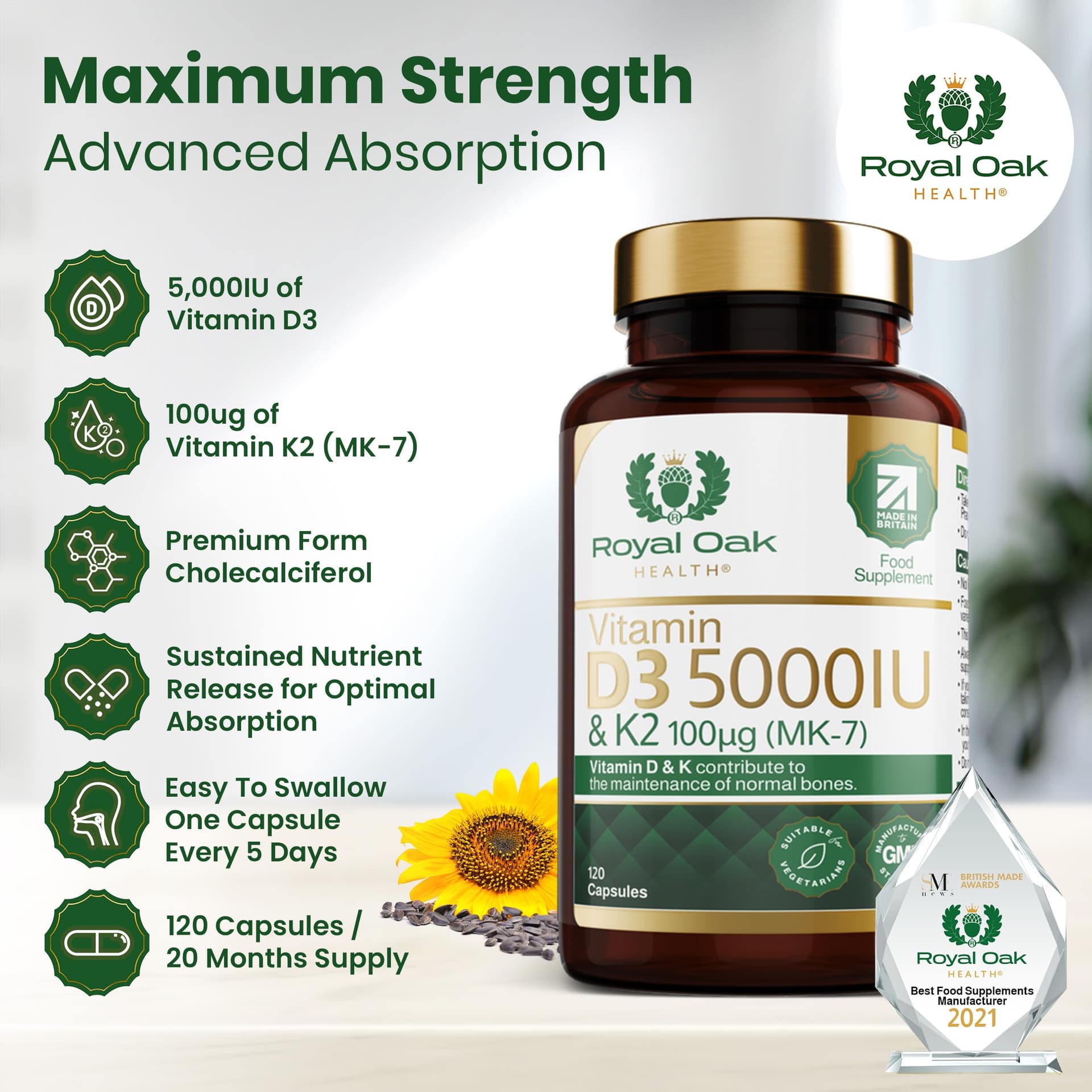 Royal Oak Health Vitamin D3 5000 IU & Vitamin K2 100mcg (MK-7) x120 Capsules – Bild 2