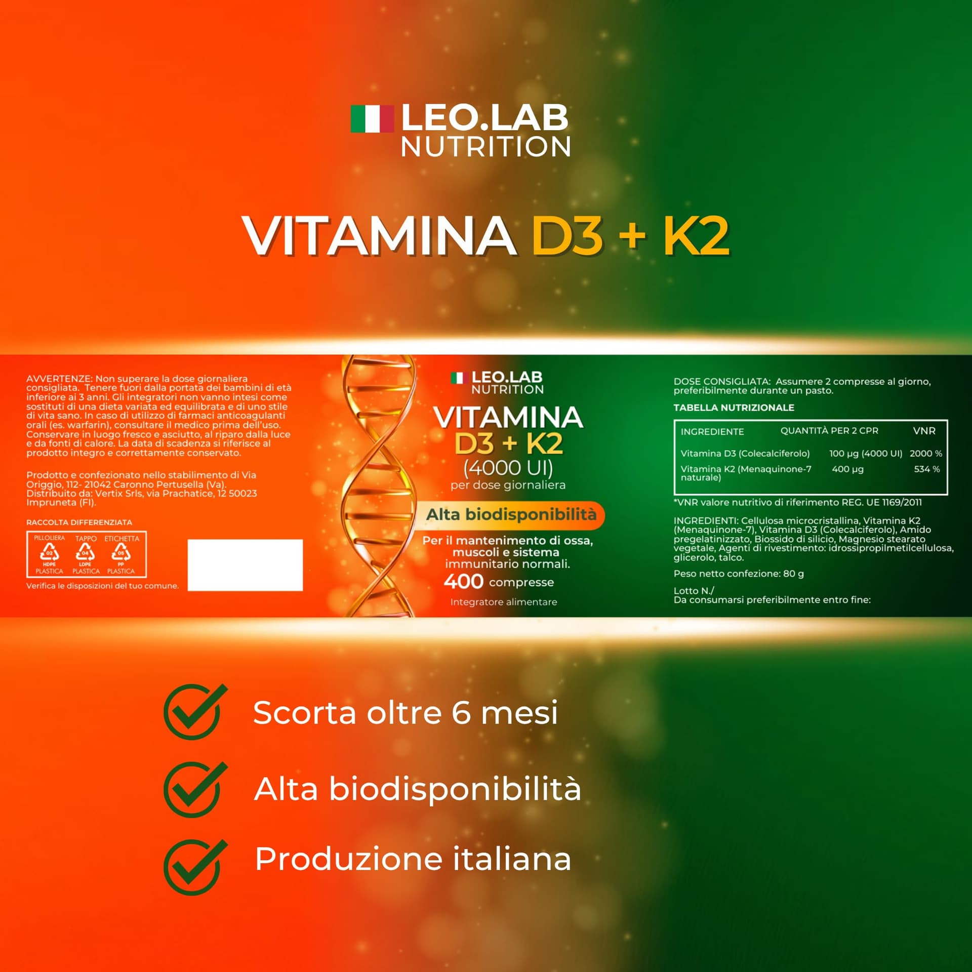 L.E.O LAB Vitamina D3 K2 4000 UI 400 Compresse – Bild 7
